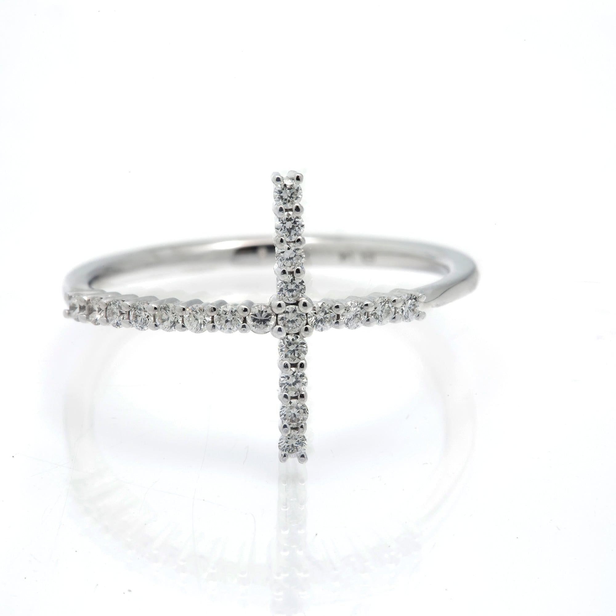 14K GOLD DIAMOND PRONG SET SIDEWAYS CROSS RING 0.25 CT