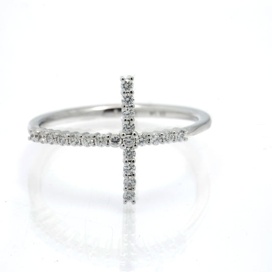 14K GOLD DIAMOND PRONG SET SIDEWAYS CROSS RING 0.25 CT