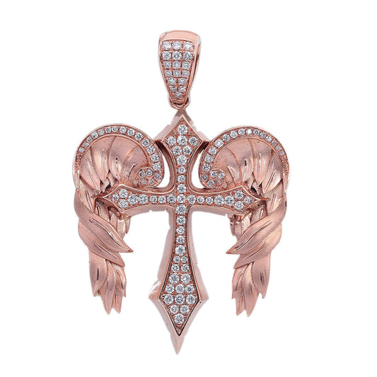 14K Rose Gold Diamond Angel Wings Shaped Cross Pendant