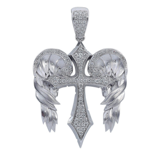 14K White Gold Diamond Angel Wings Cross Shaped Pendant