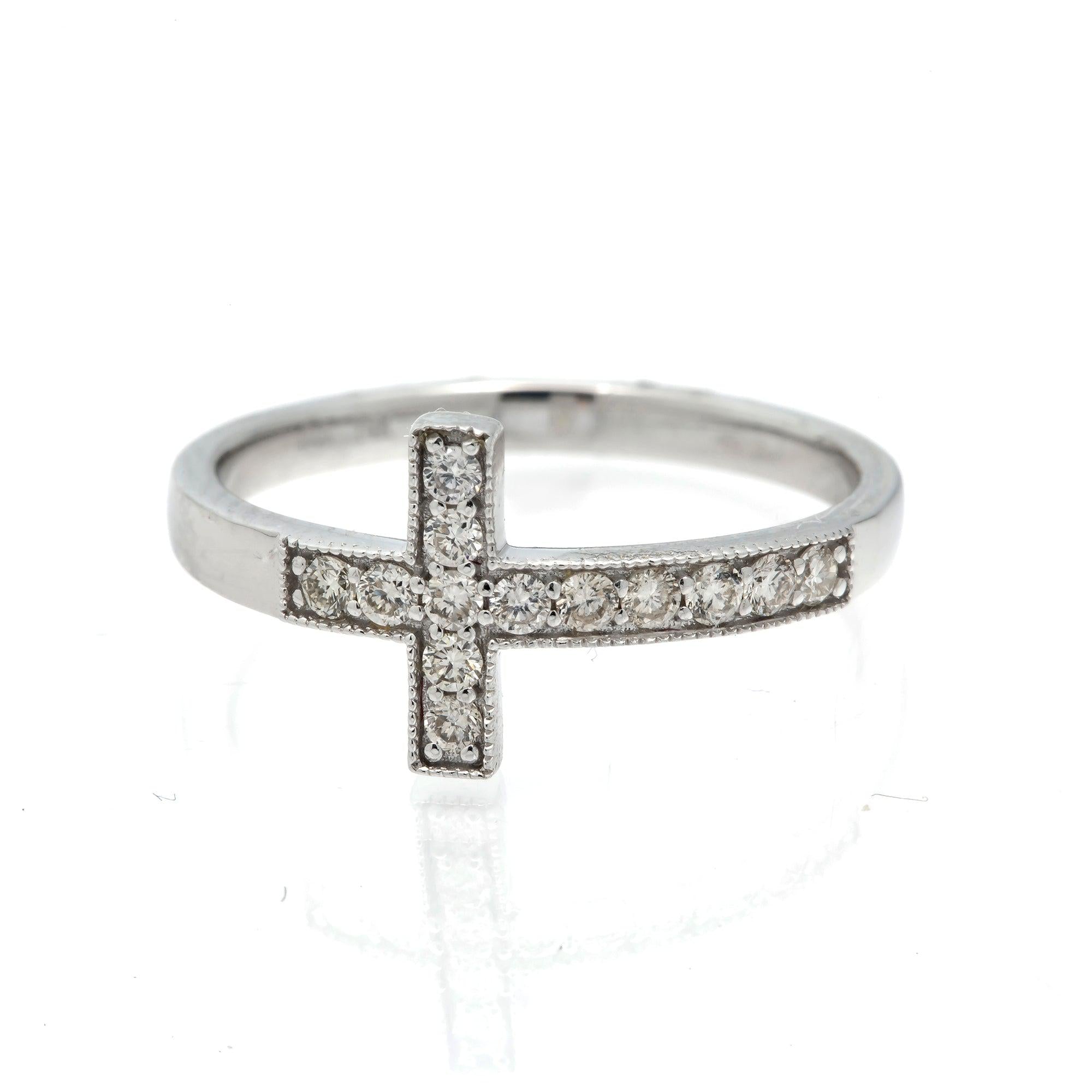 14K GOLD DIAMOND SIDEWAYS CROSS MILGRAIN RING 0.25 CT