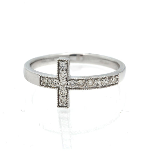 14K GOLD DIAMOND SIDEWAYS CROSS MILGRAIN RING 0.25 CT