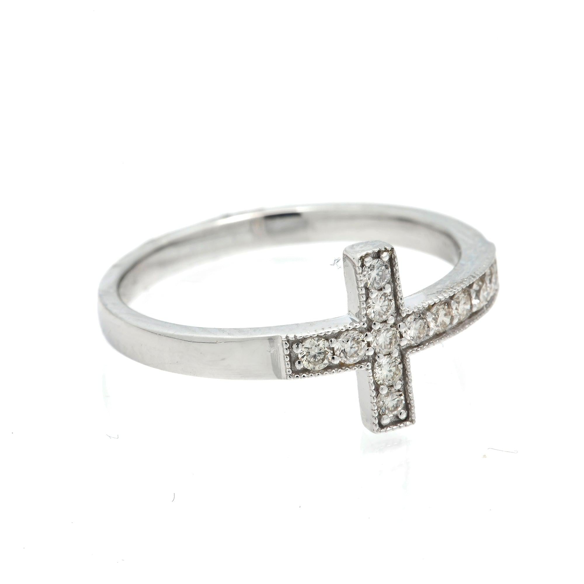 14K GOLD DIAMOND SIDEWAYS CROSS MILGRAIN RING 0.25 CT
