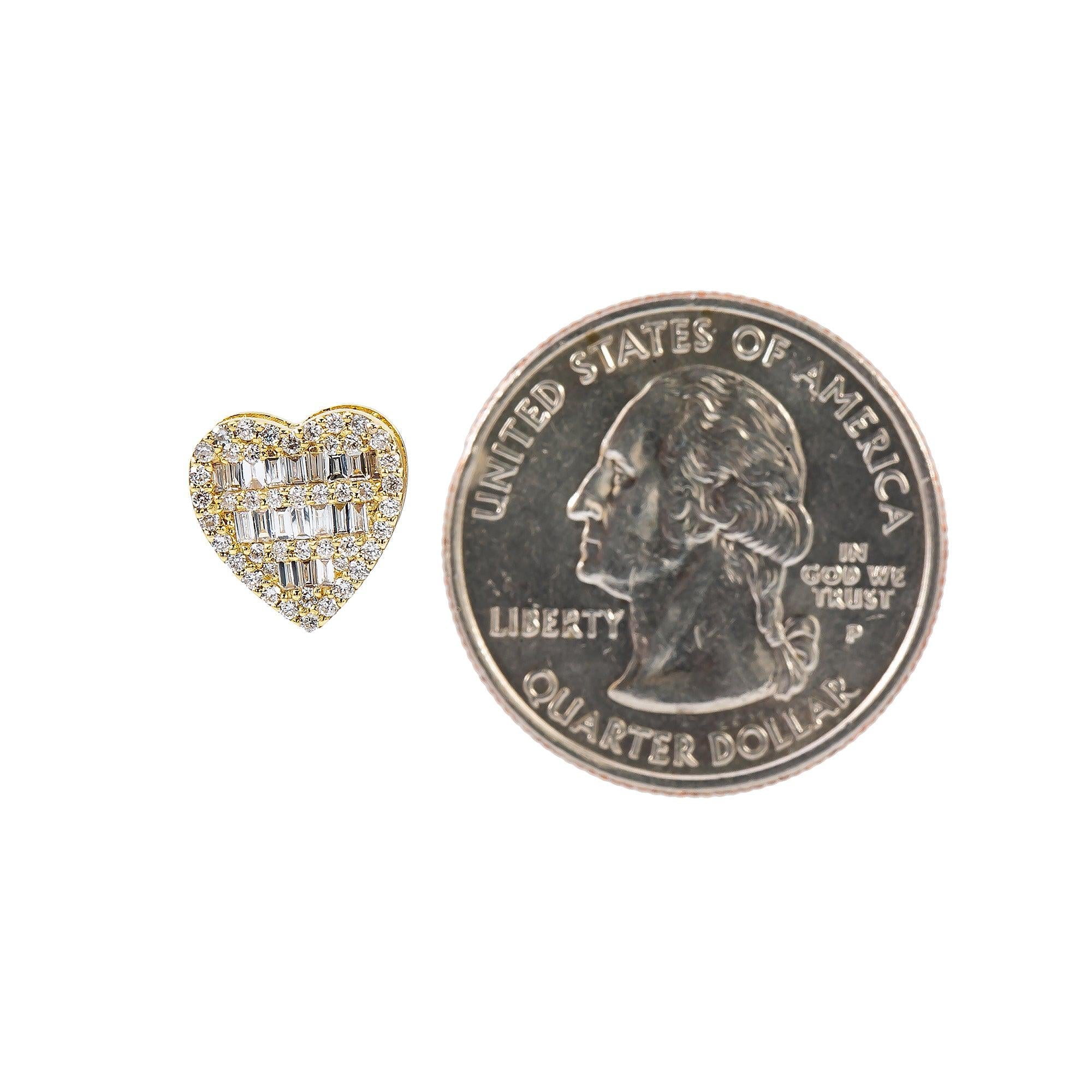14K Yellow Gold Ladies Heart Shape Earrings with 0.84 Baguette CT Diamond