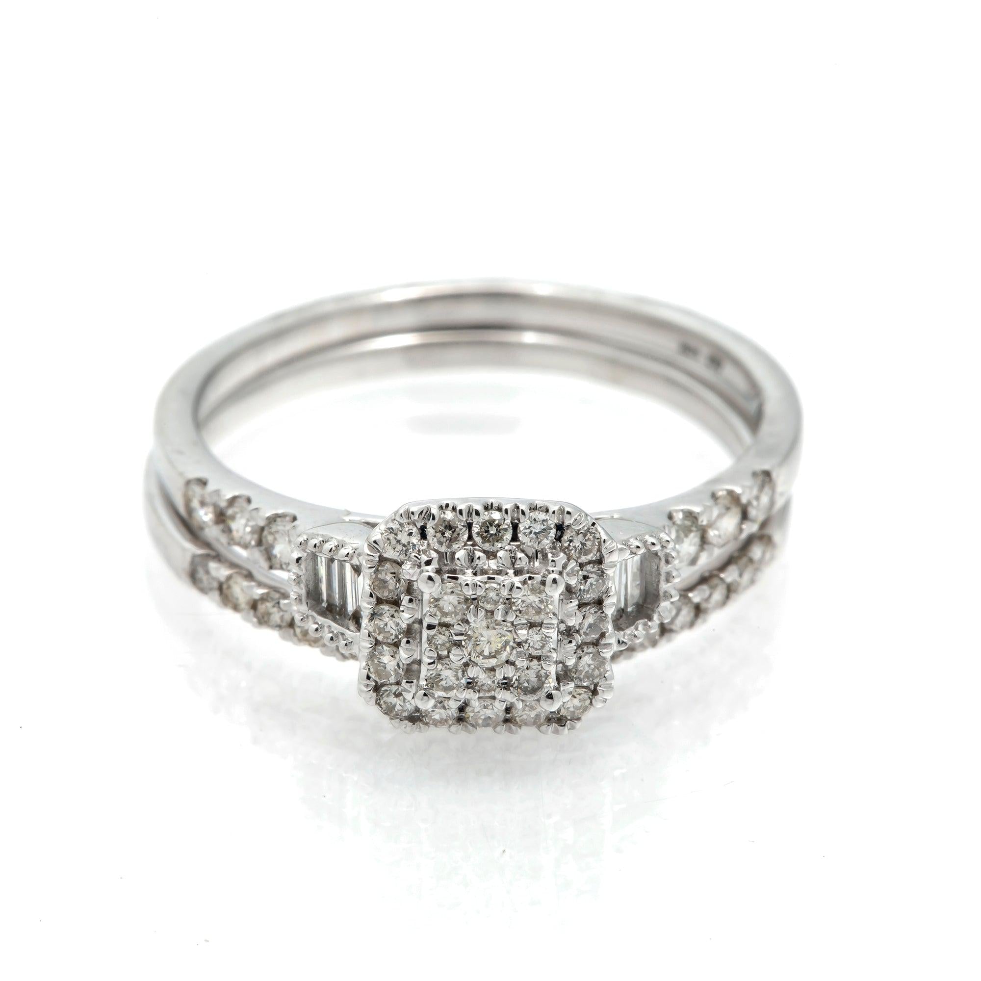 14K GOLD SQUARE CLUSTER BRIDAL SET 0.50 CT SQUARE HALO BAGUETTE SIDES