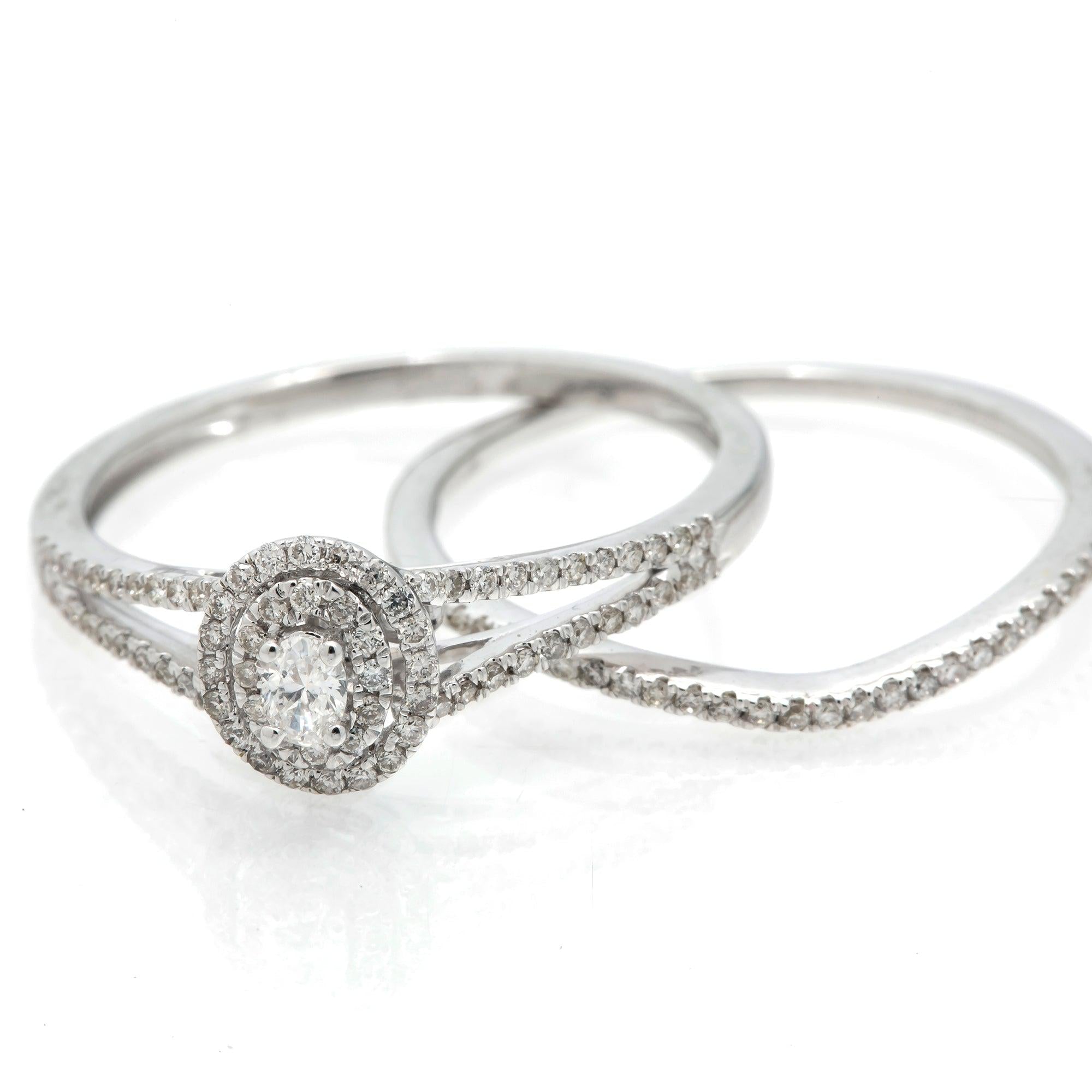 14K GOLD OVAL BRIDAL SET 0.50 CT DOUBLE HALO SPLIT SHANK