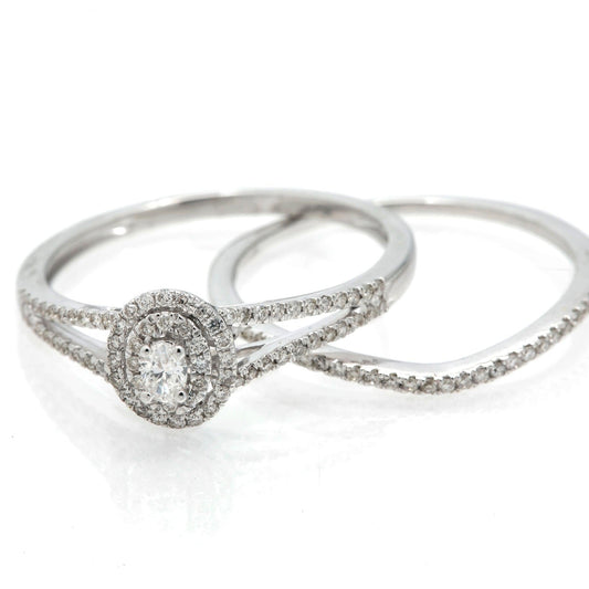 14K GOLD OVAL BRIDAL SET 0.50 CT DOUBLE HALO SPLIT SHANK