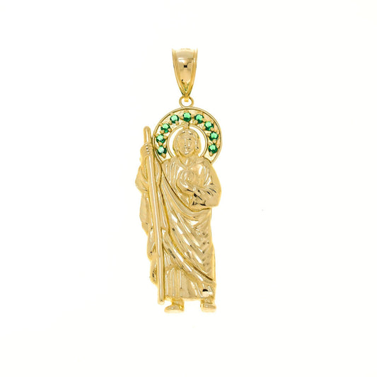 10K GOLD GREEN GEMSTONE ST. JUDE PENDANT 9.0G