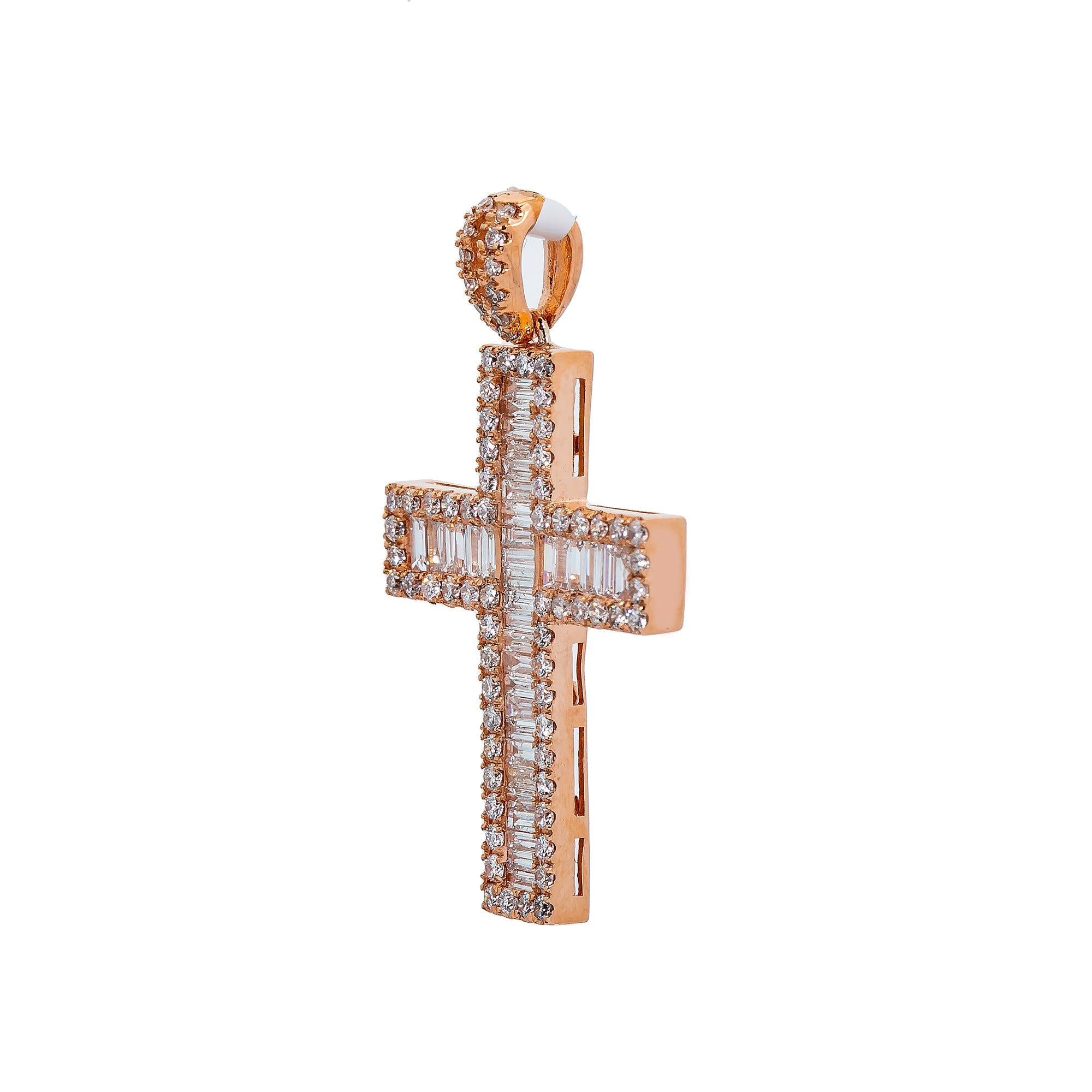 14K Rose Gold Cross Pendant with 0.82 CT Baguette Diamonds