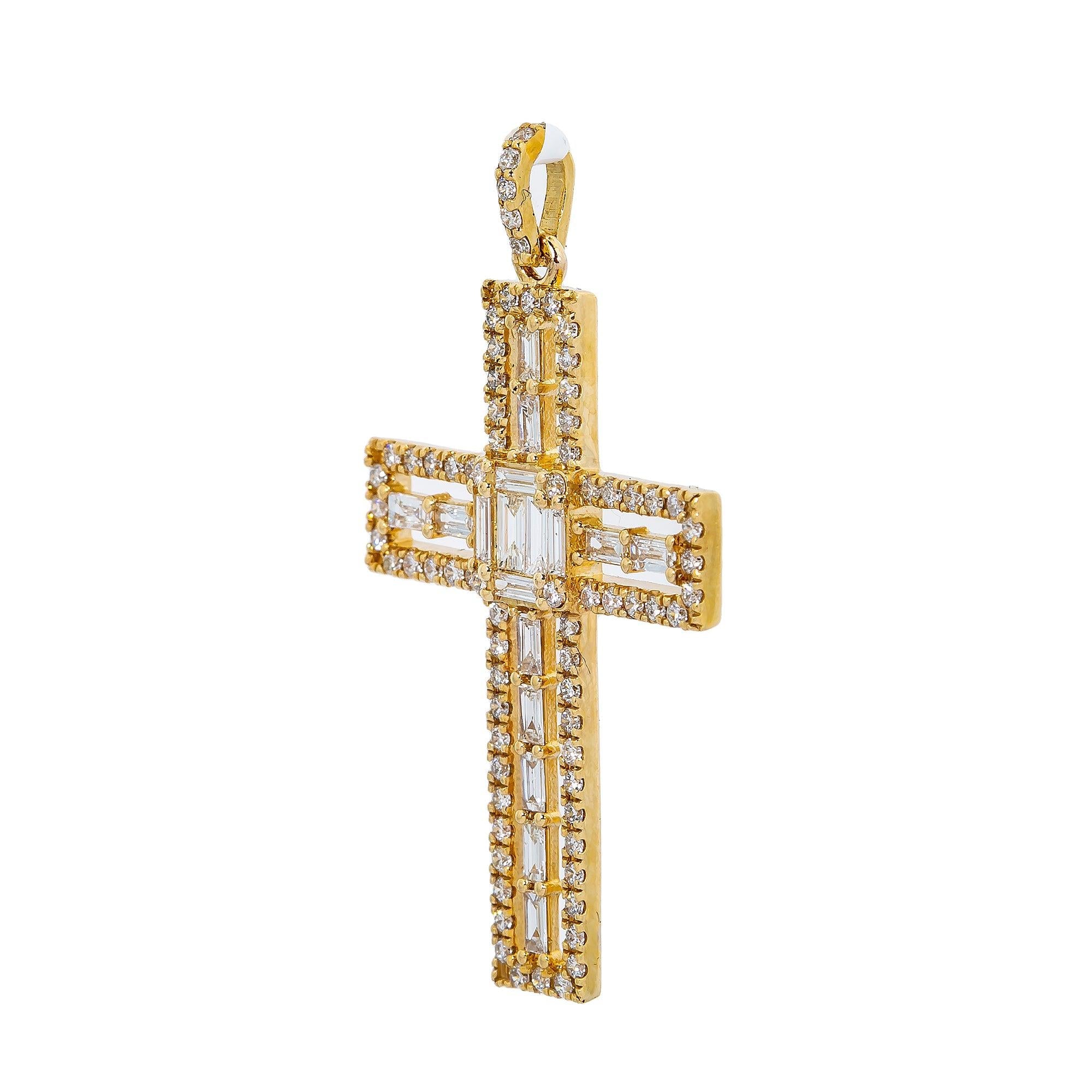 14K Yellow Gold Cross Pendant with 0.90 CT Baguette & Round Diamonds