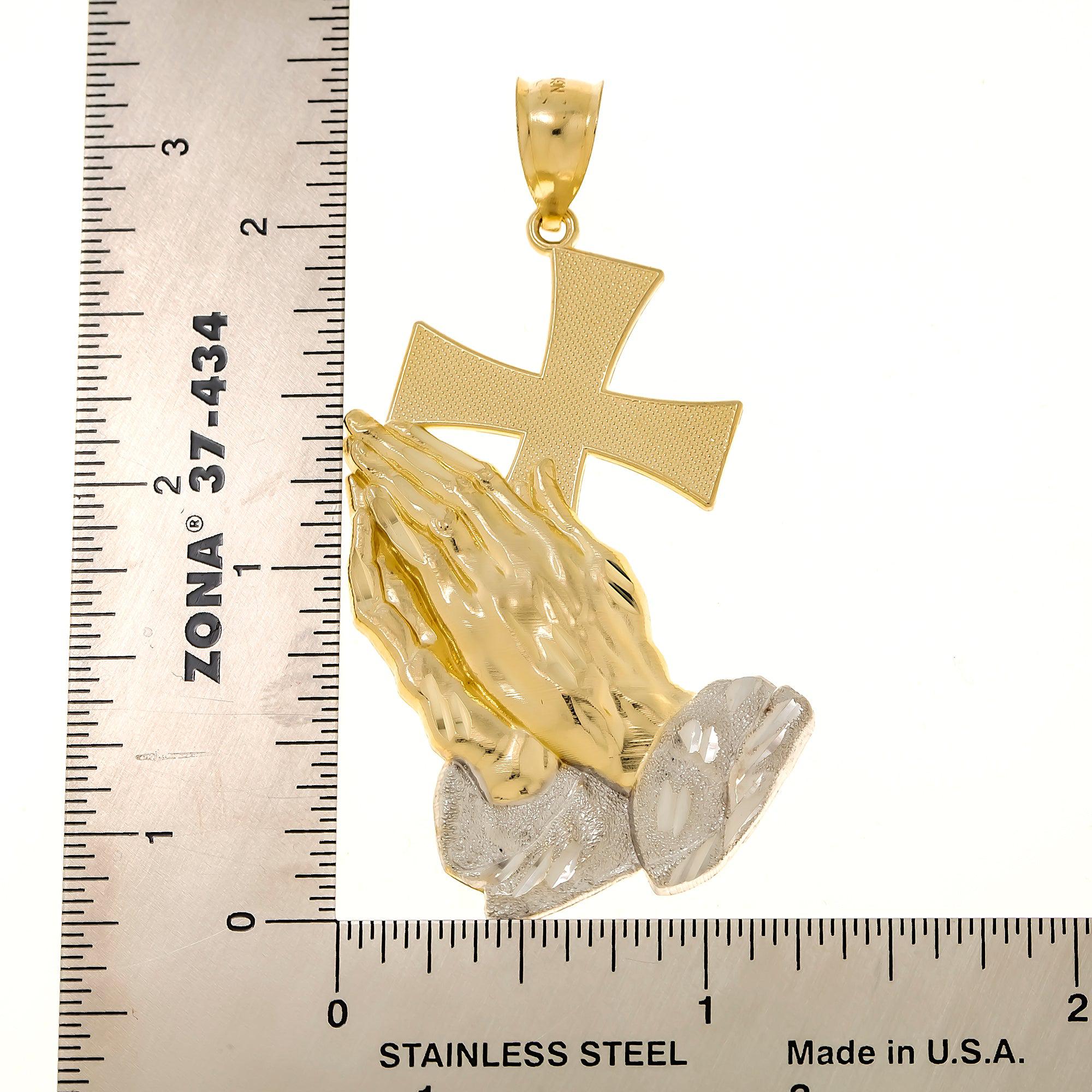 10K GOLD TWO TONE PRAYING HANDS WITH CROSS PENDANT 5.5G
