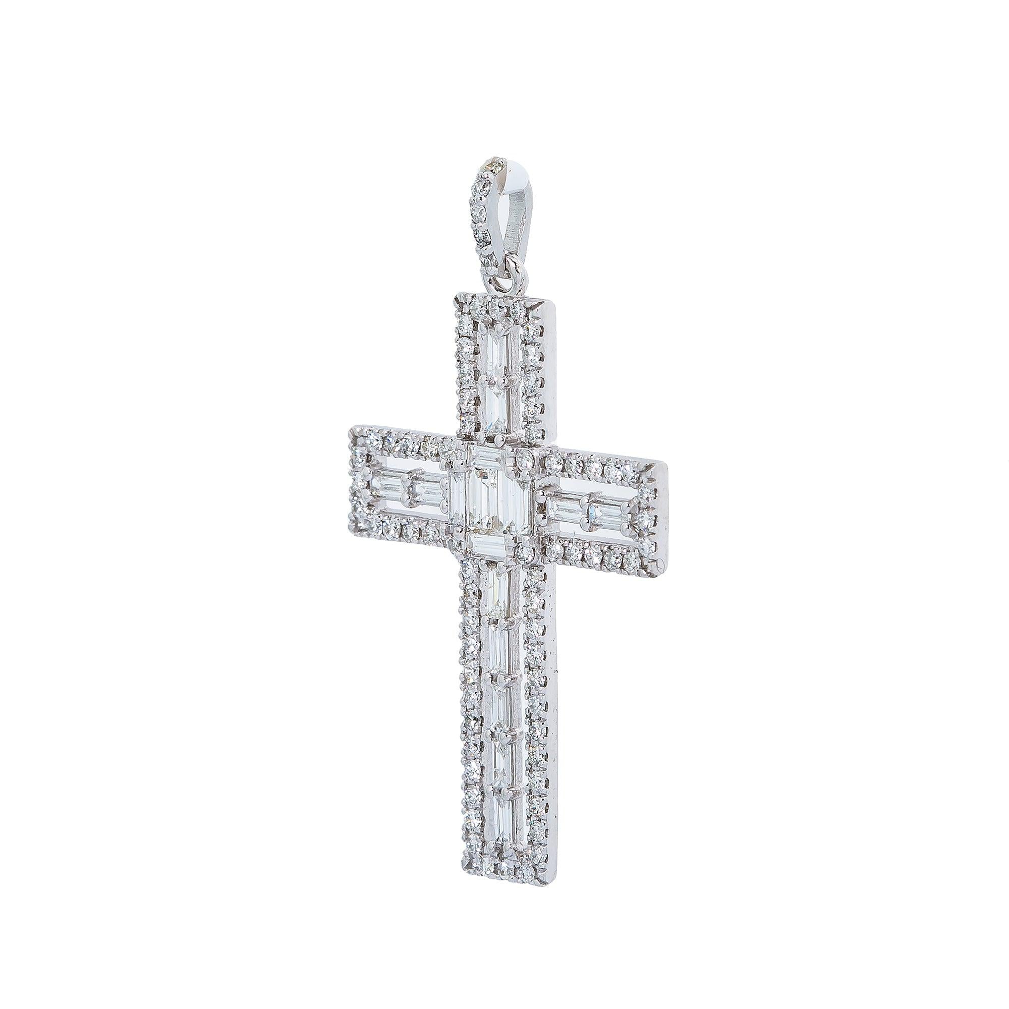 14K White Gold Cross Pendant with 0.90 CT Baguette and Round Diamonds