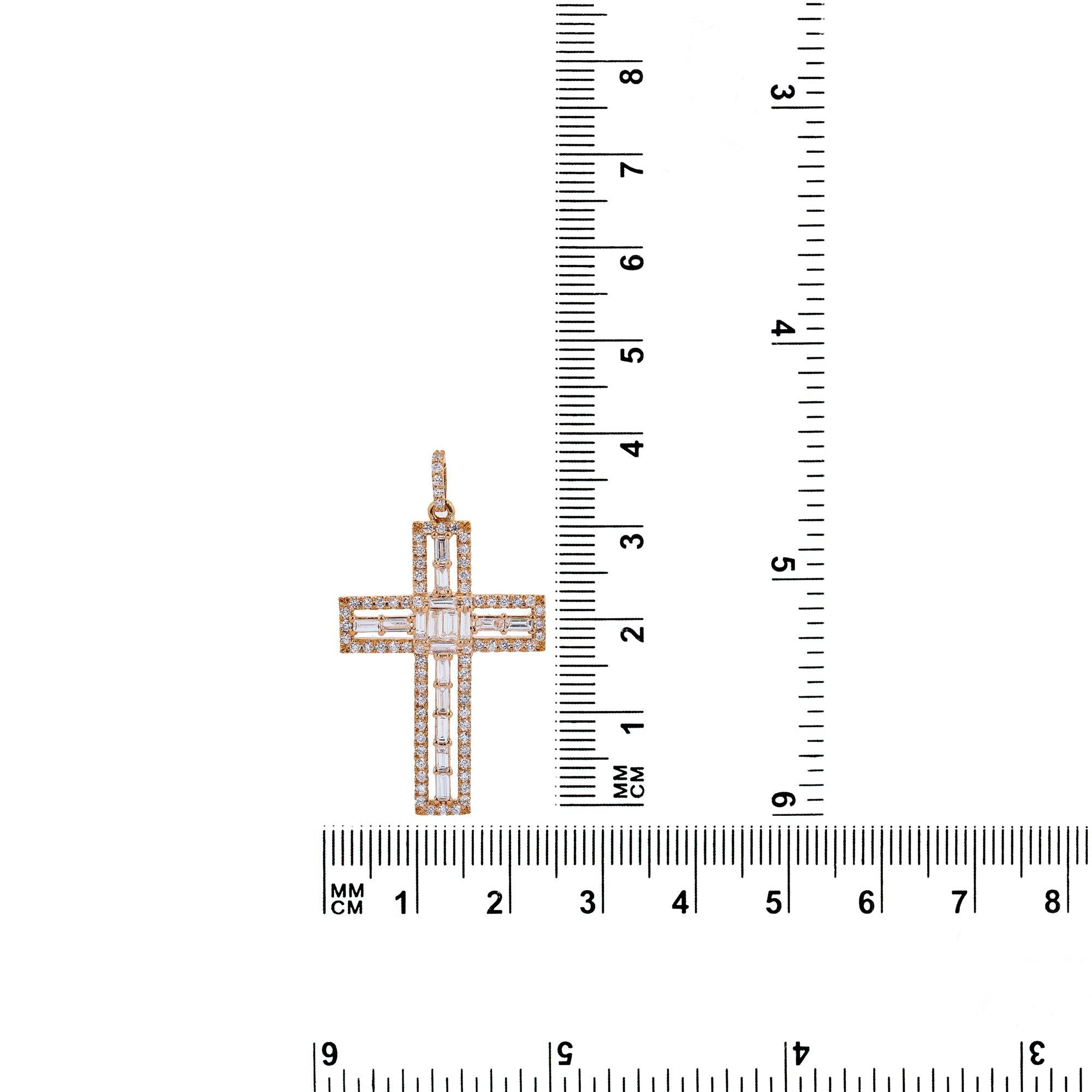 14K Rose Gold Cross Pendant with 0.90 CT Baguette And Round Diamonds