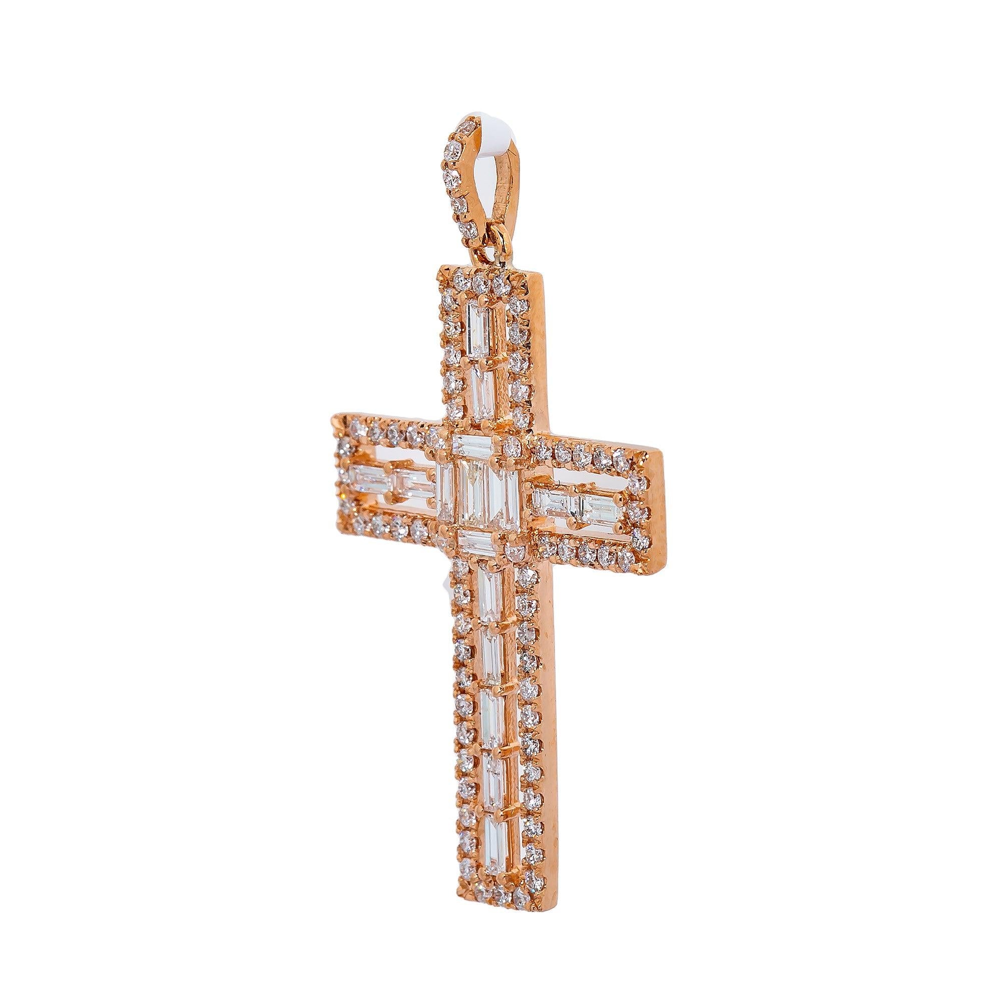 14K Rose Gold Cross Pendant with 0.90 CT Baguette And Round Diamonds