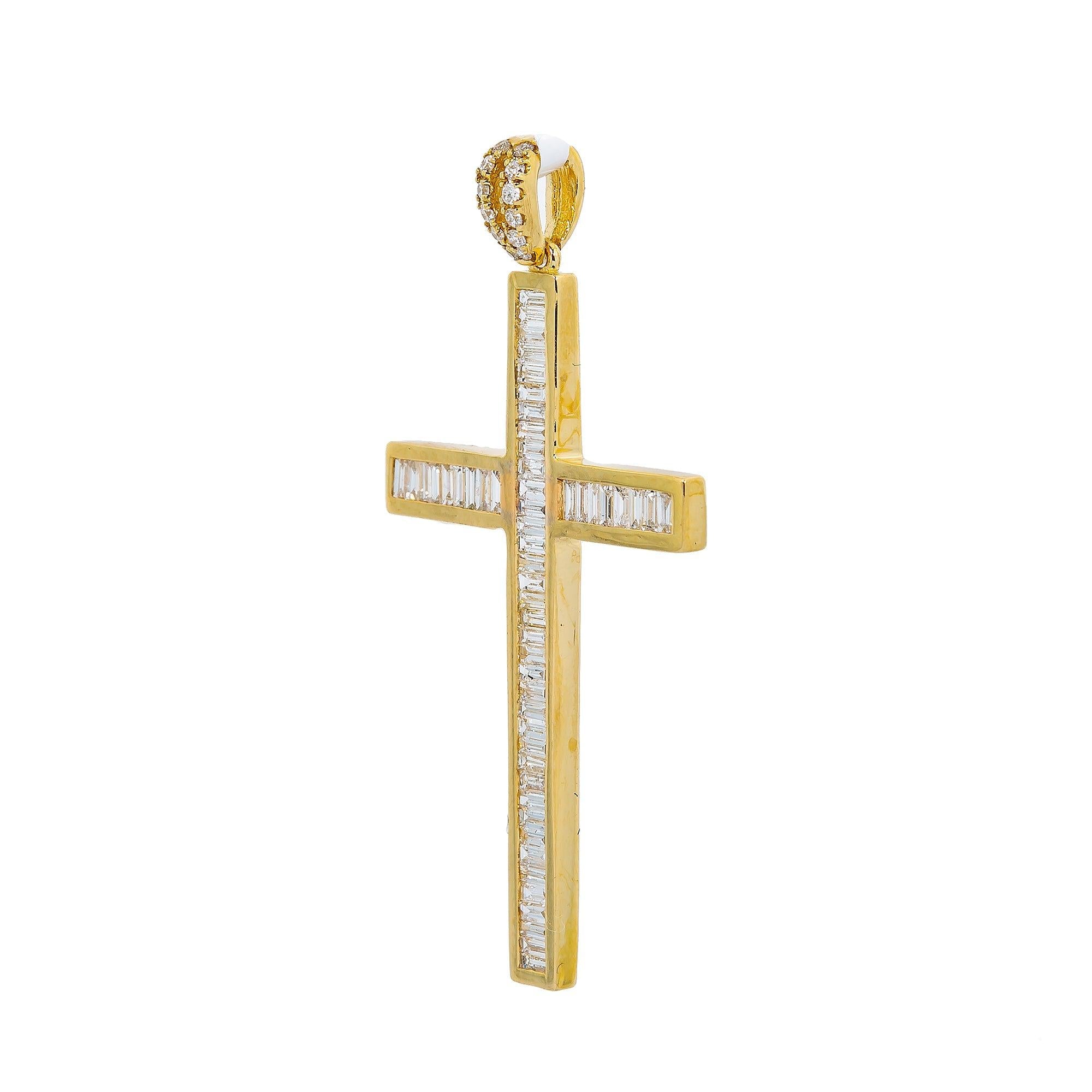 14K Yellow Gold Cross Pendant with 0.60 CT Baguette Diamonds