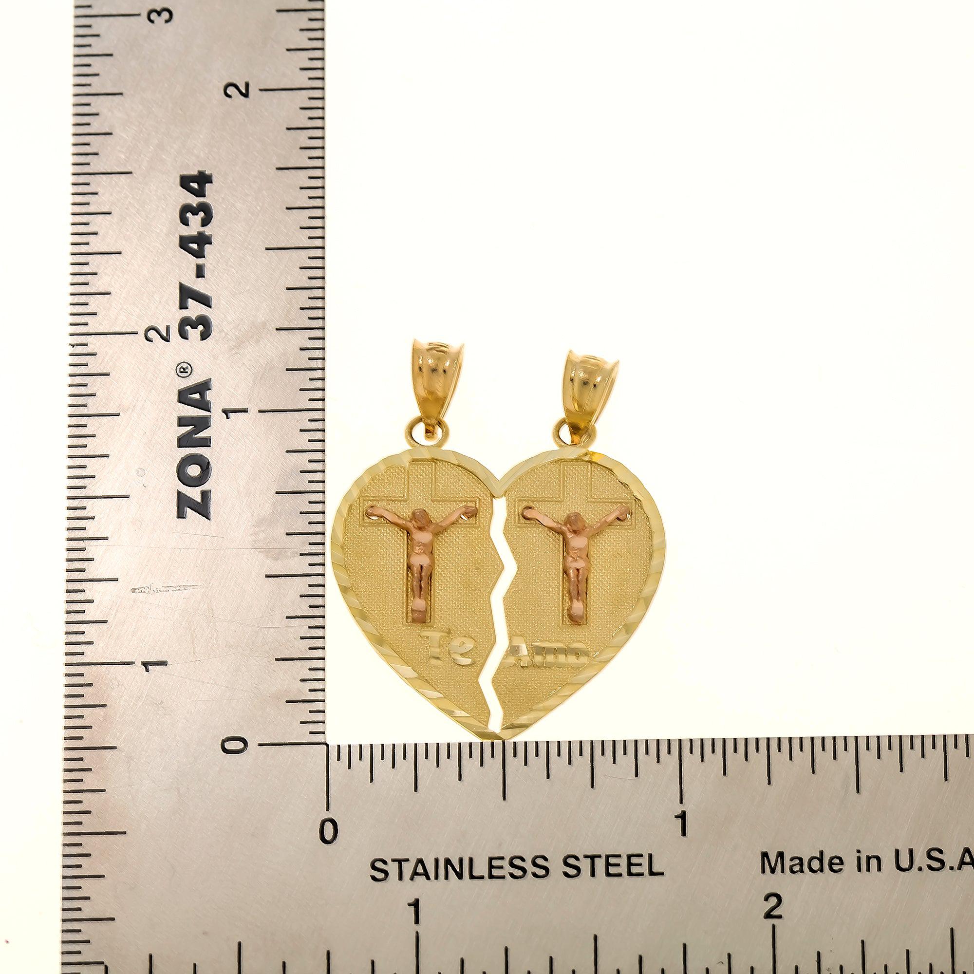 10K GOLD TWO TONE CRUCIFIX TE AMO BROKEN HEART PENDANT 2.8G