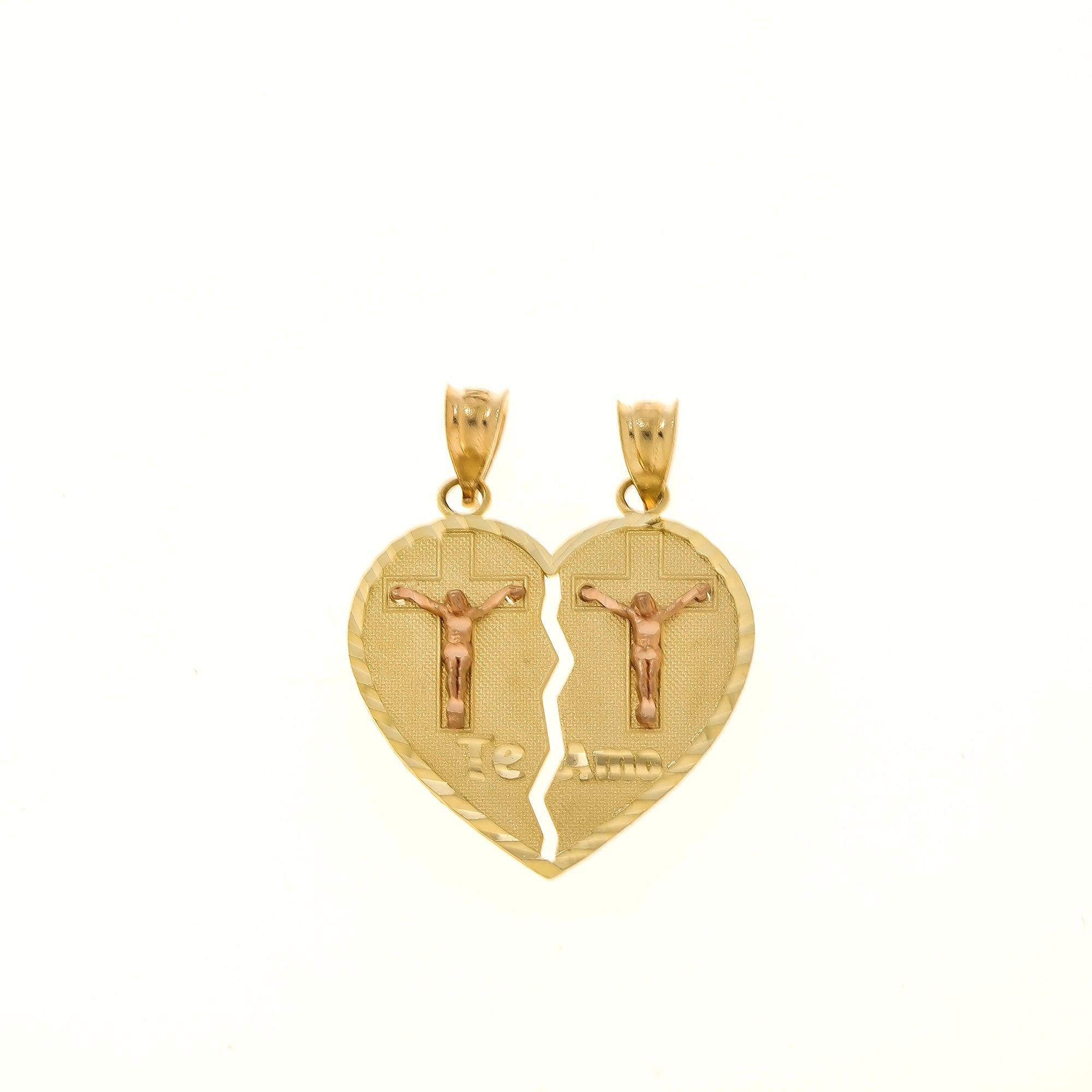 10K GOLD TWO TONE CRUCIFIX TE AMO BROKEN HEART PENDANT 2.8G