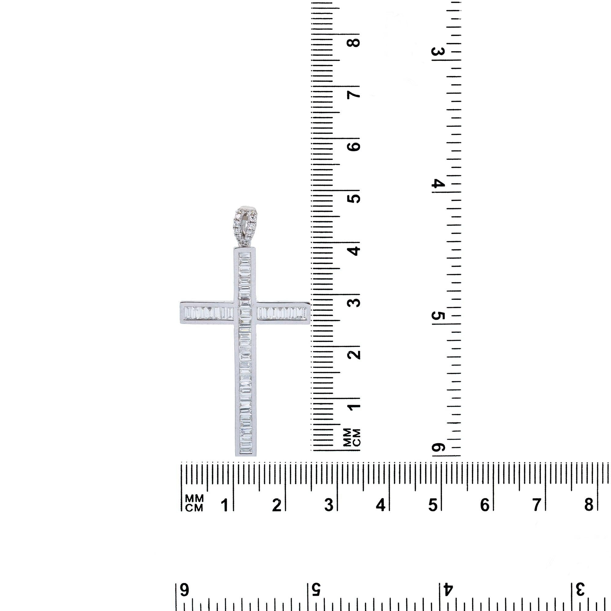14K White Gold Cross Pendant with 0.60 CT Baguette Diamonds