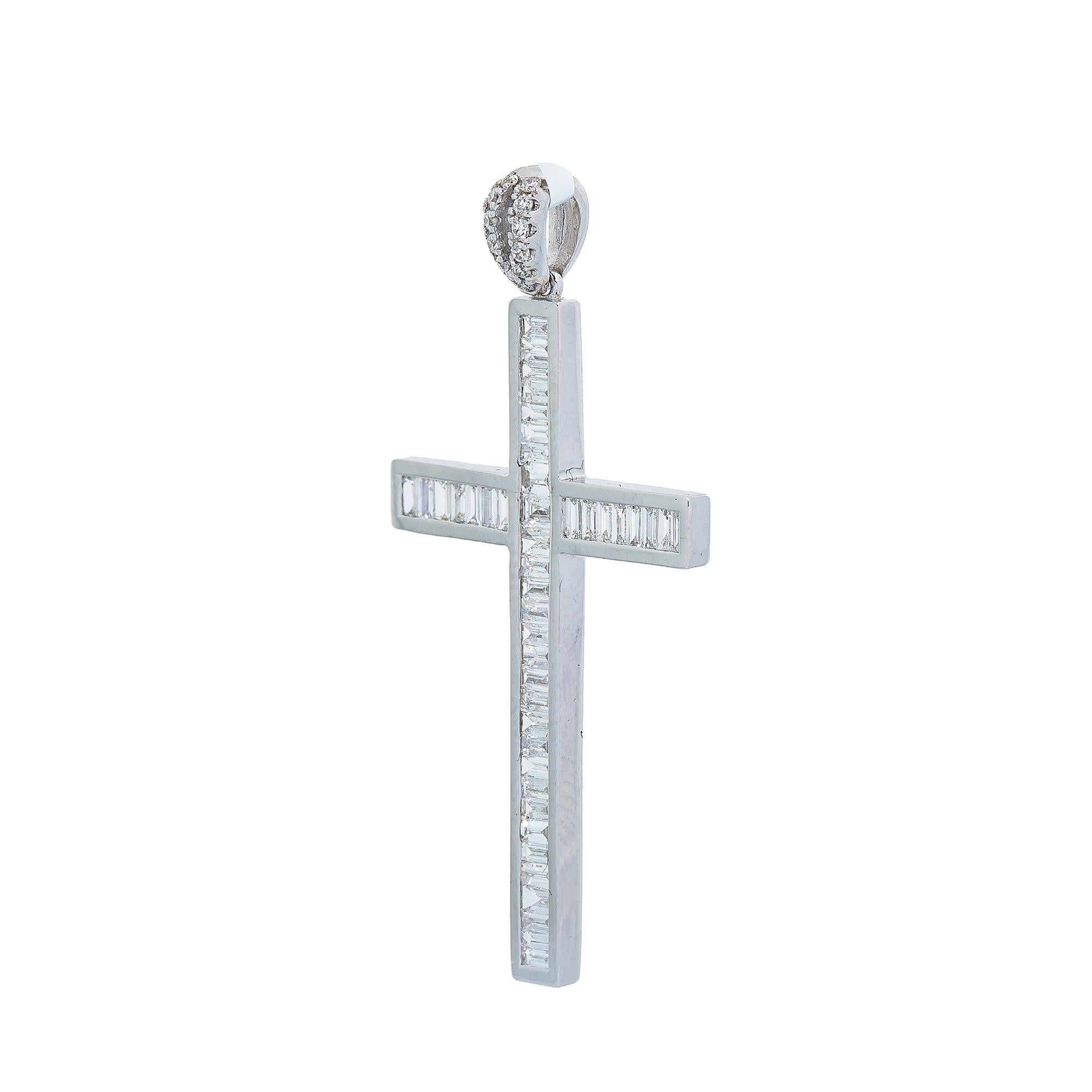 14K White Gold Cross Pendant with 0.60 CT Baguette Diamonds