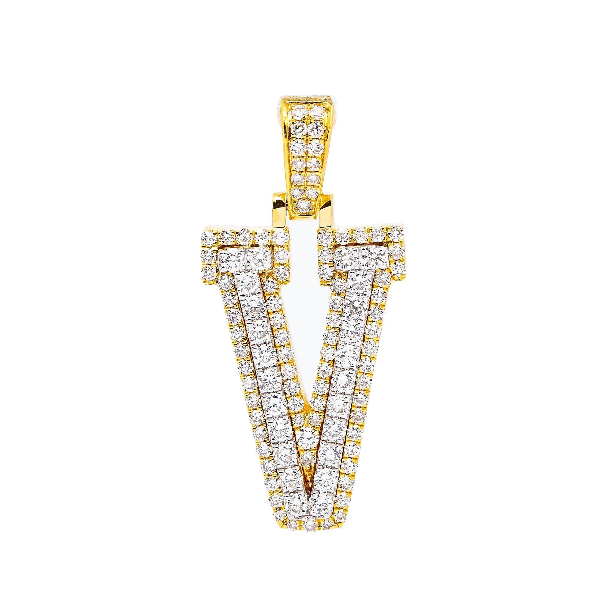 10K YELLOW GOLD UNISEX LETTER V PENDANT WITH 0.80 CT DIAMONDS