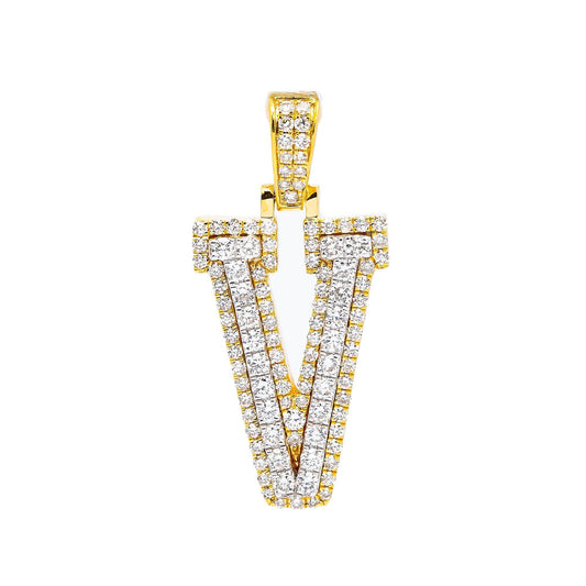 10K YELLOW GOLD UNISEX LETTER V PENDANT WITH 0.80 CT DIAMONDS