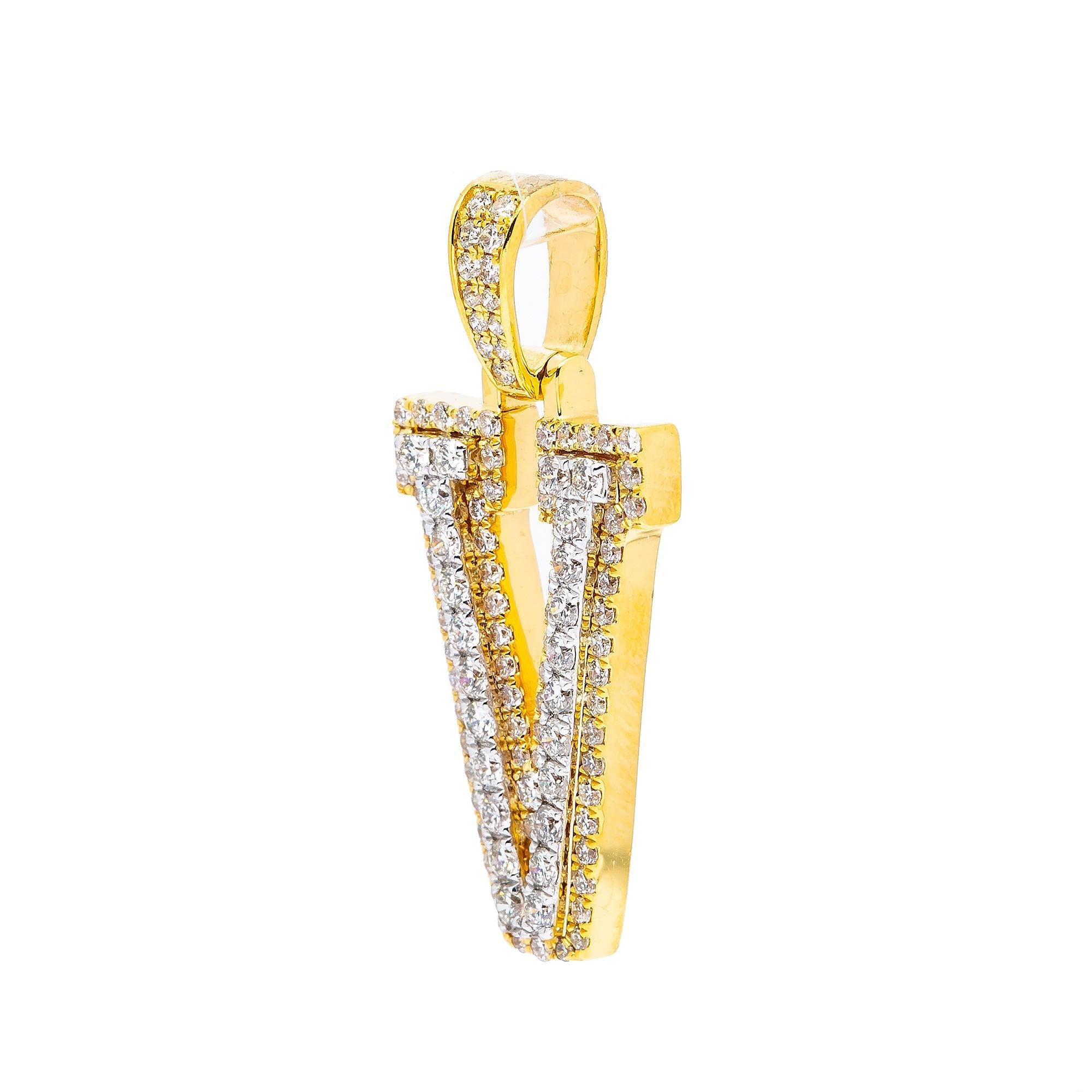 10K YELLOW GOLD UNISEX LETTER V PENDANT WITH 0.80 CT DIAMONDS