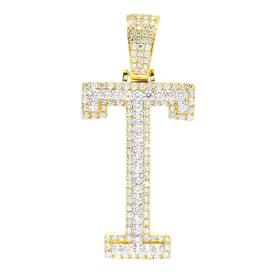 10K YELLOW GOLD UNISEX LETTER T PENDANT WITH 3.05 CT DIAMONDS