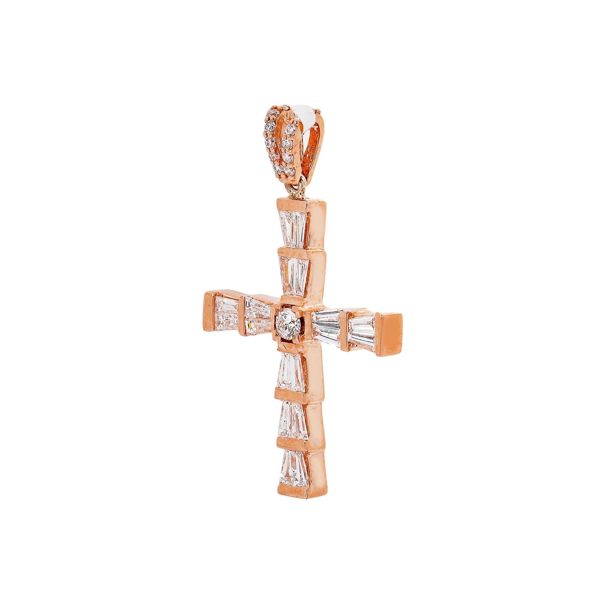 14K Rose Gold Cross Pendant with 0.74 CT Baguette Diamonds