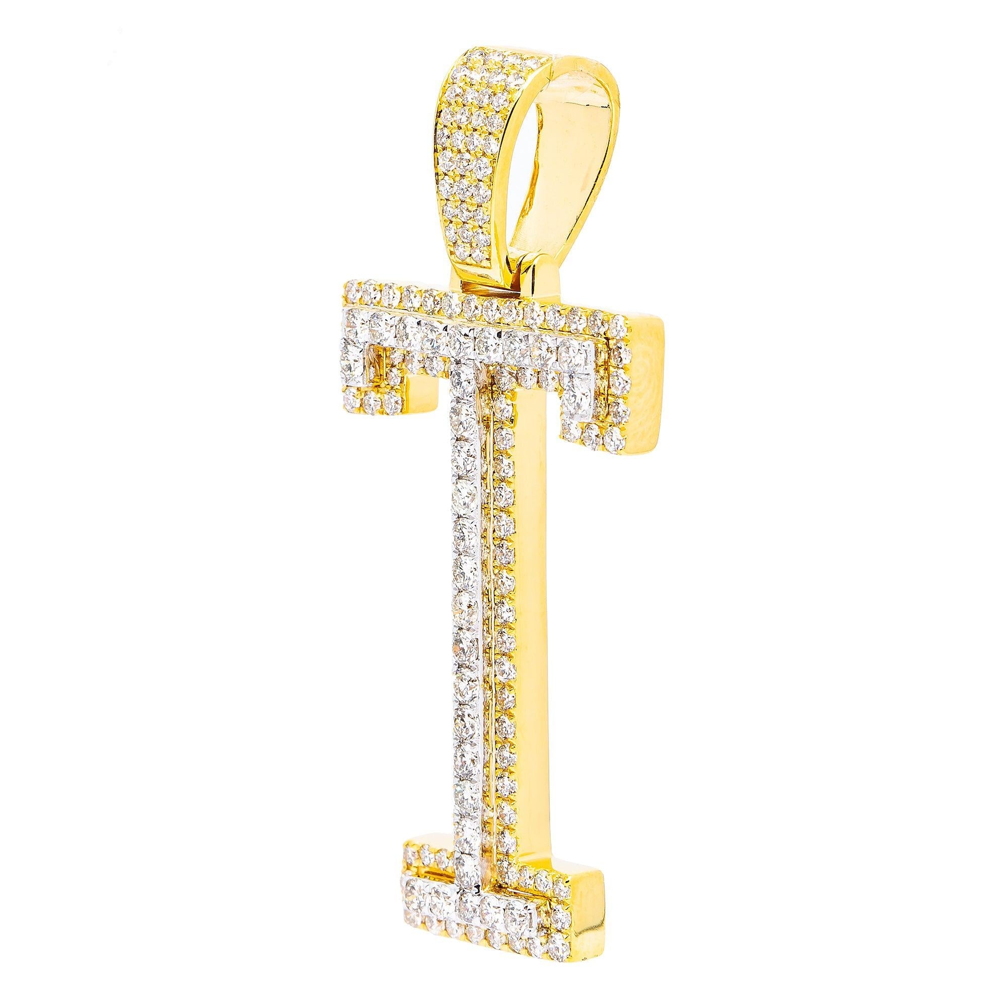 10K YELLOW GOLD UNISEX LETTER T PENDANT WITH 3.05 CT DIAMONDS