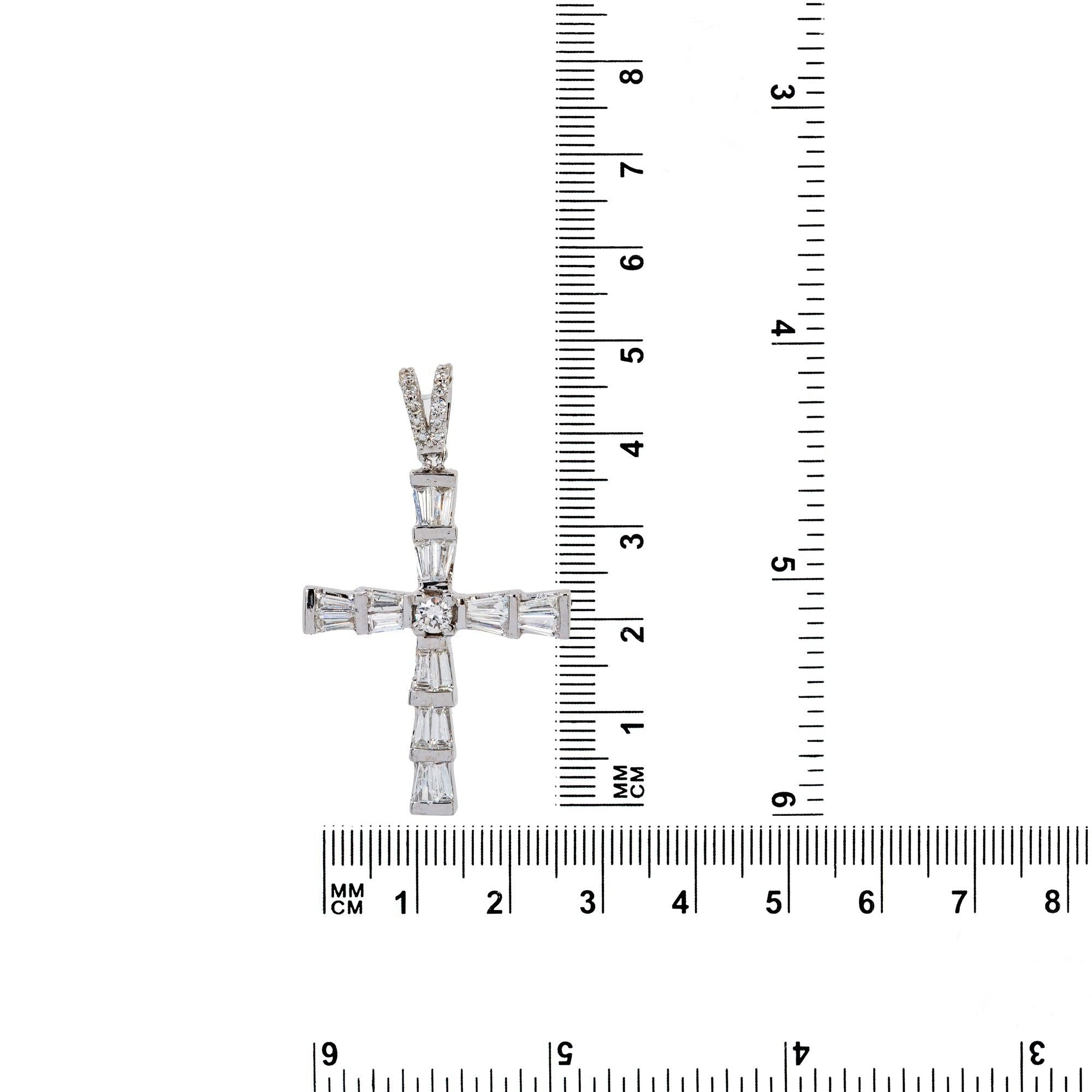 14K White Gold Cross Pendant with 0.74 CT Baguette Diamonds