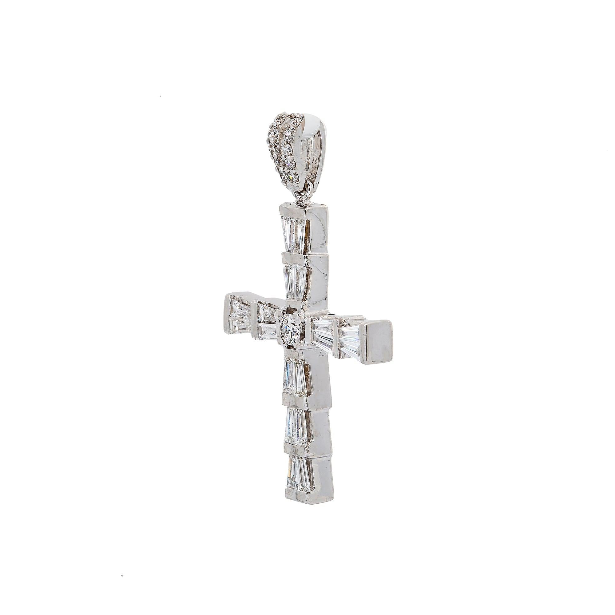 14K White Gold Cross Pendant with 0.74 CT Baguette Diamonds