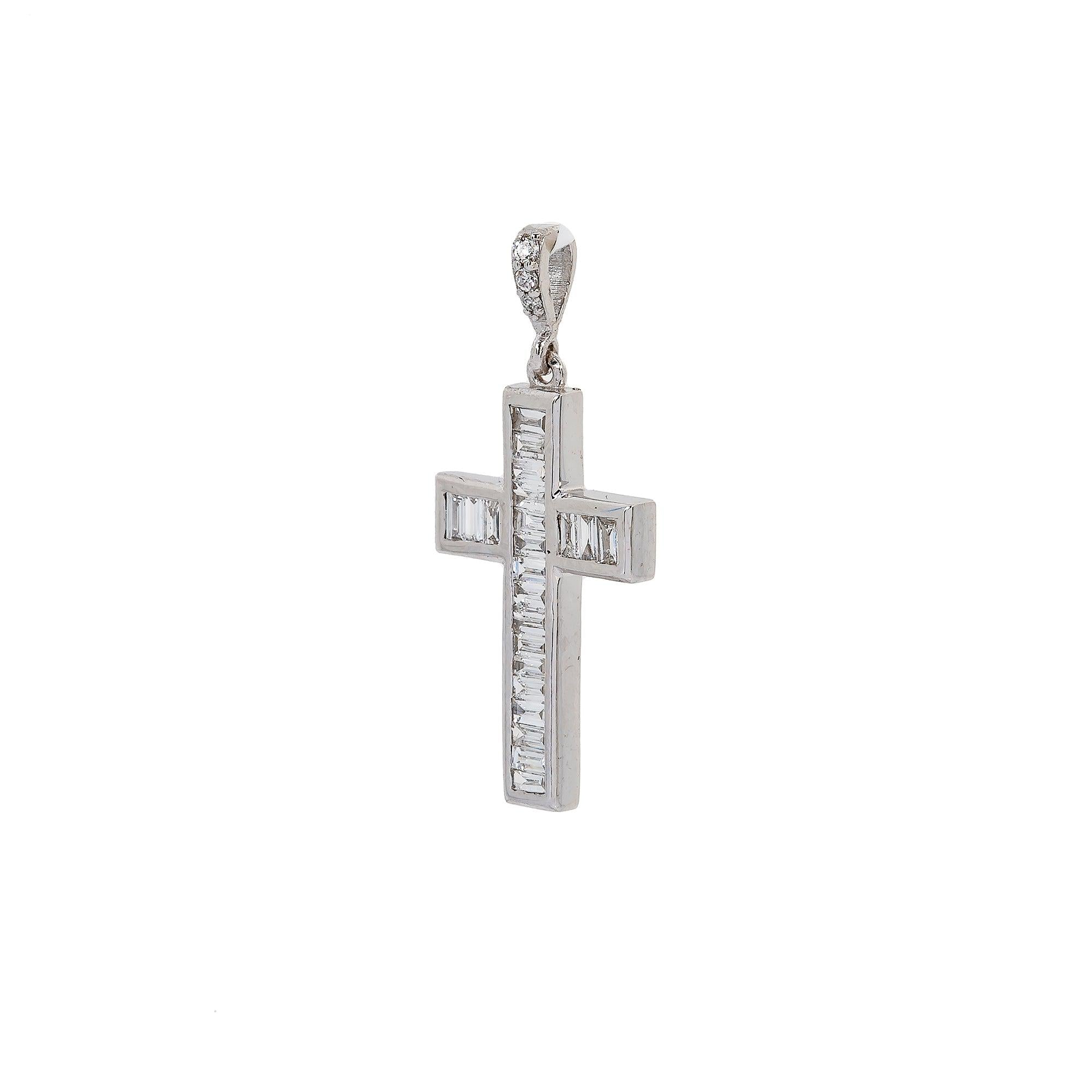 14K White Gold Cross Pendant with 0.35 CT Baguette Diamonds