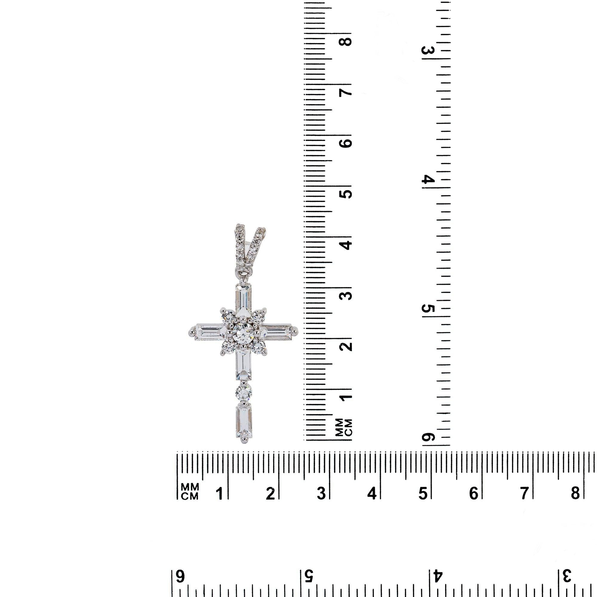 14K White Gold Cross Pendant with 1.00 CT Baguette and Round Diamonds