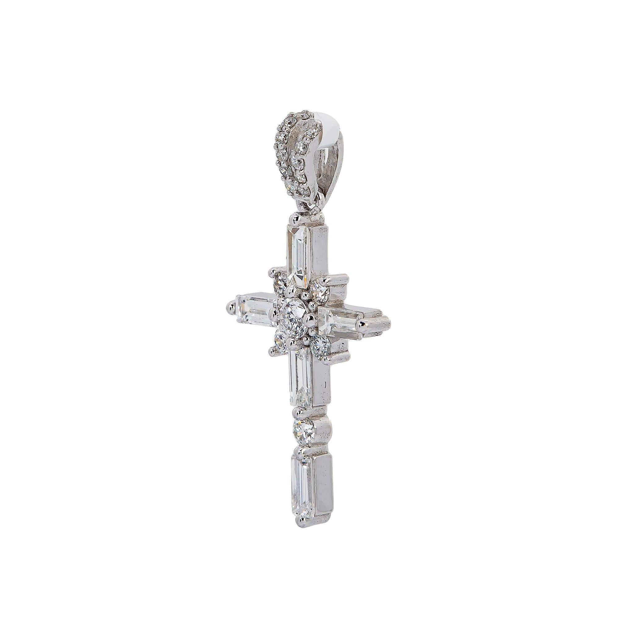14K White Gold Cross Pendant with 1.00 CT Baguette and Round Diamonds