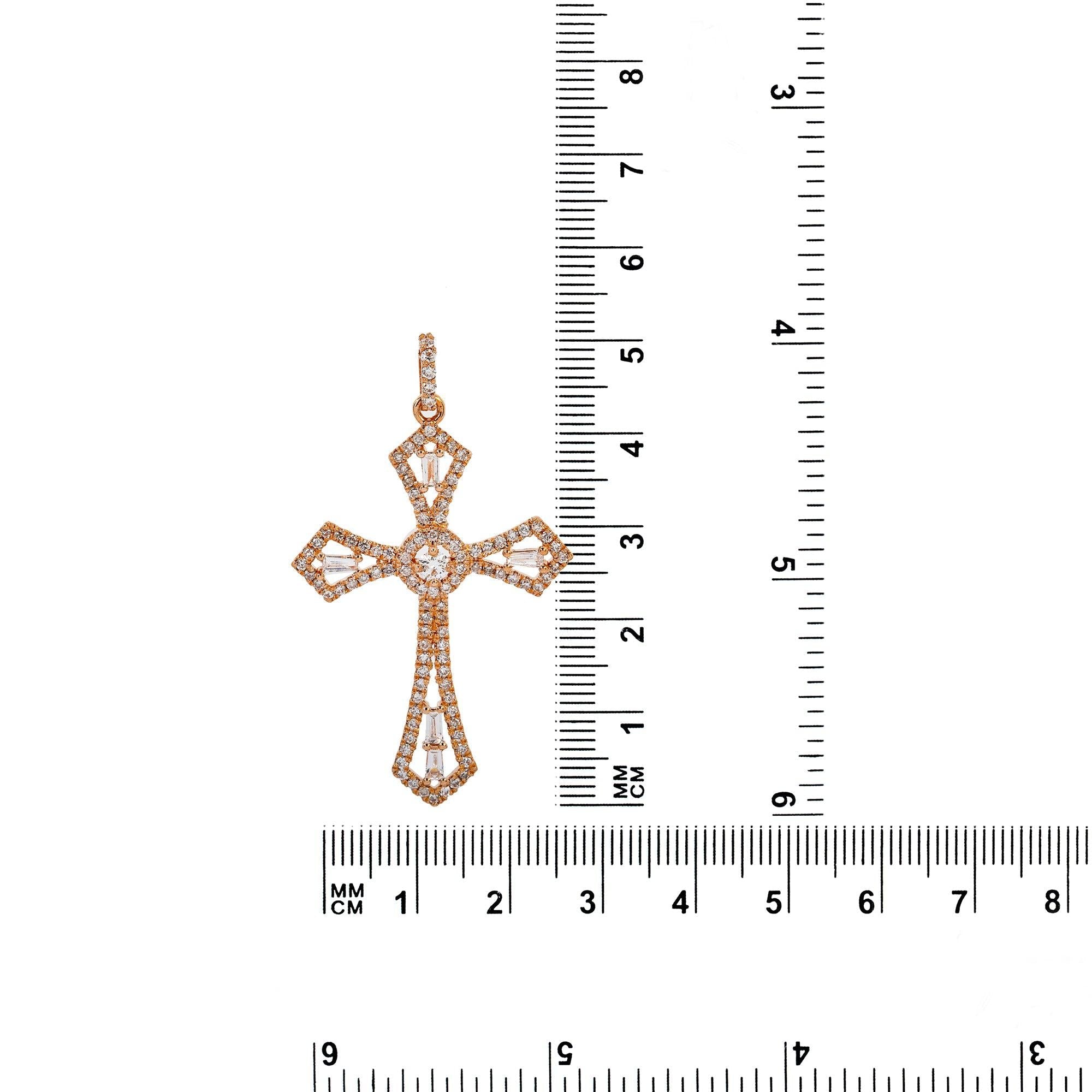 14K Rose Gold Cross Pendant with 0.62 CT Baguette and Round Diamonds
