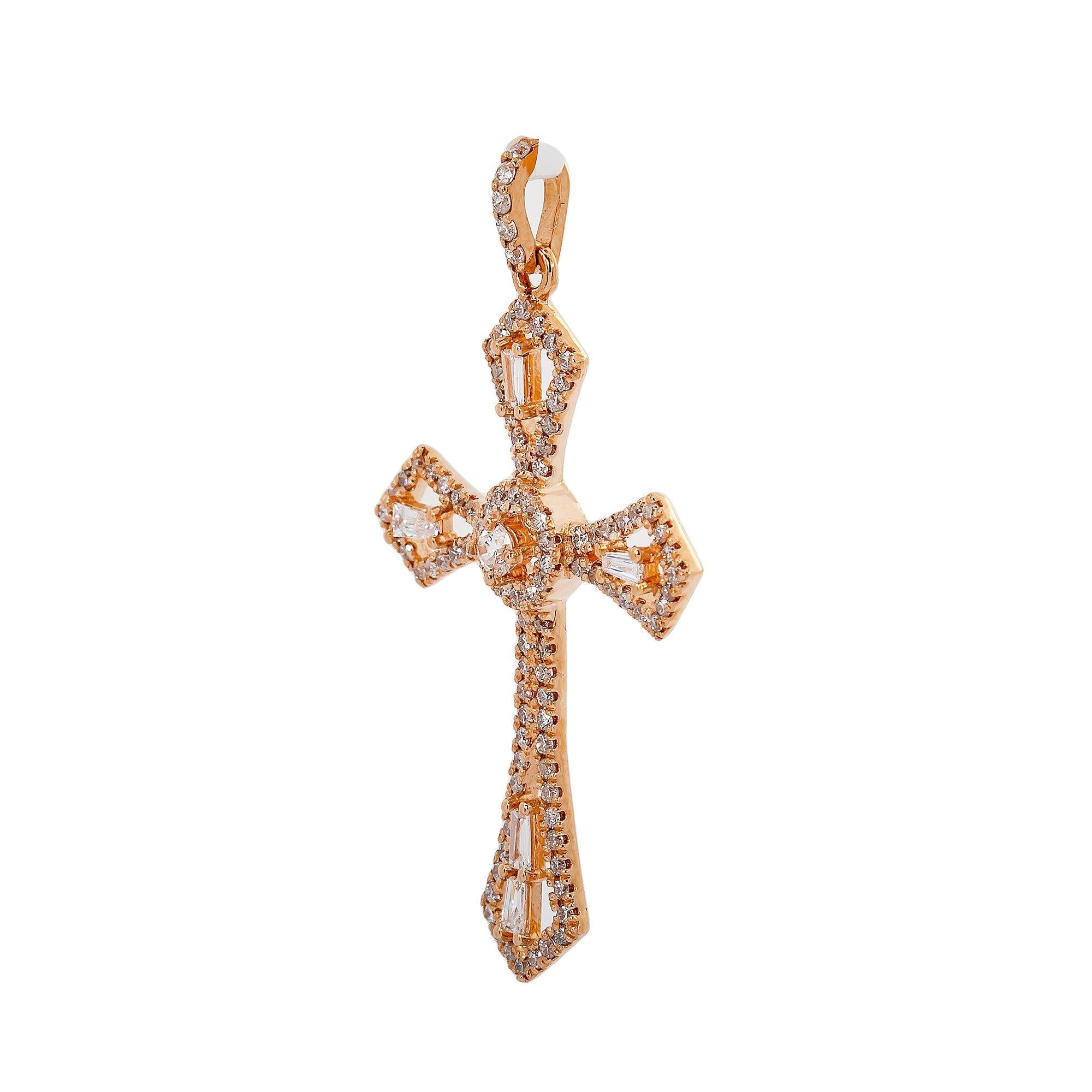 14K Rose Gold Cross Pendant with 0.62 CT Baguette and Round Diamonds