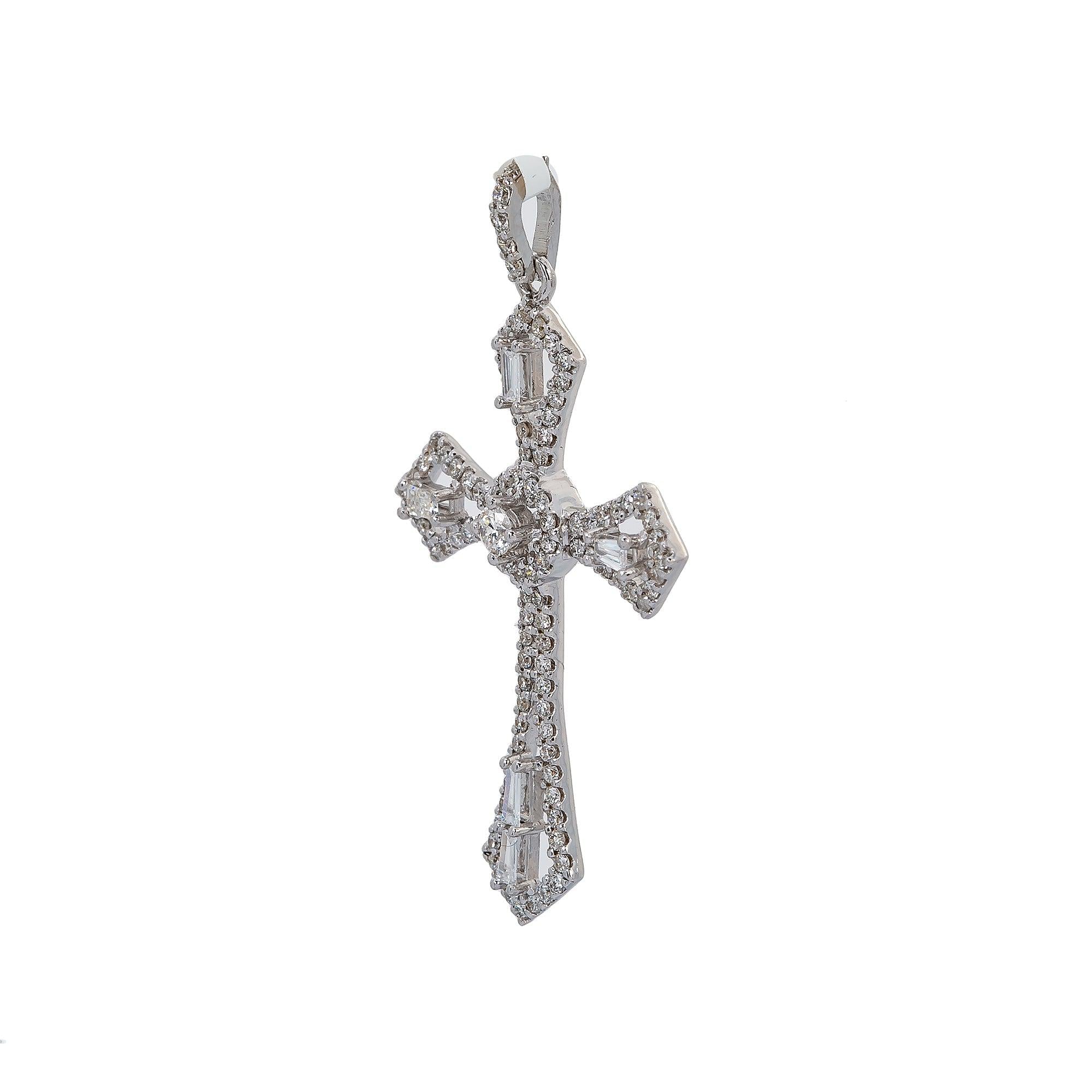14K White Gold Cross Pendant with 0.62 CT Baguette and Round Diamonds