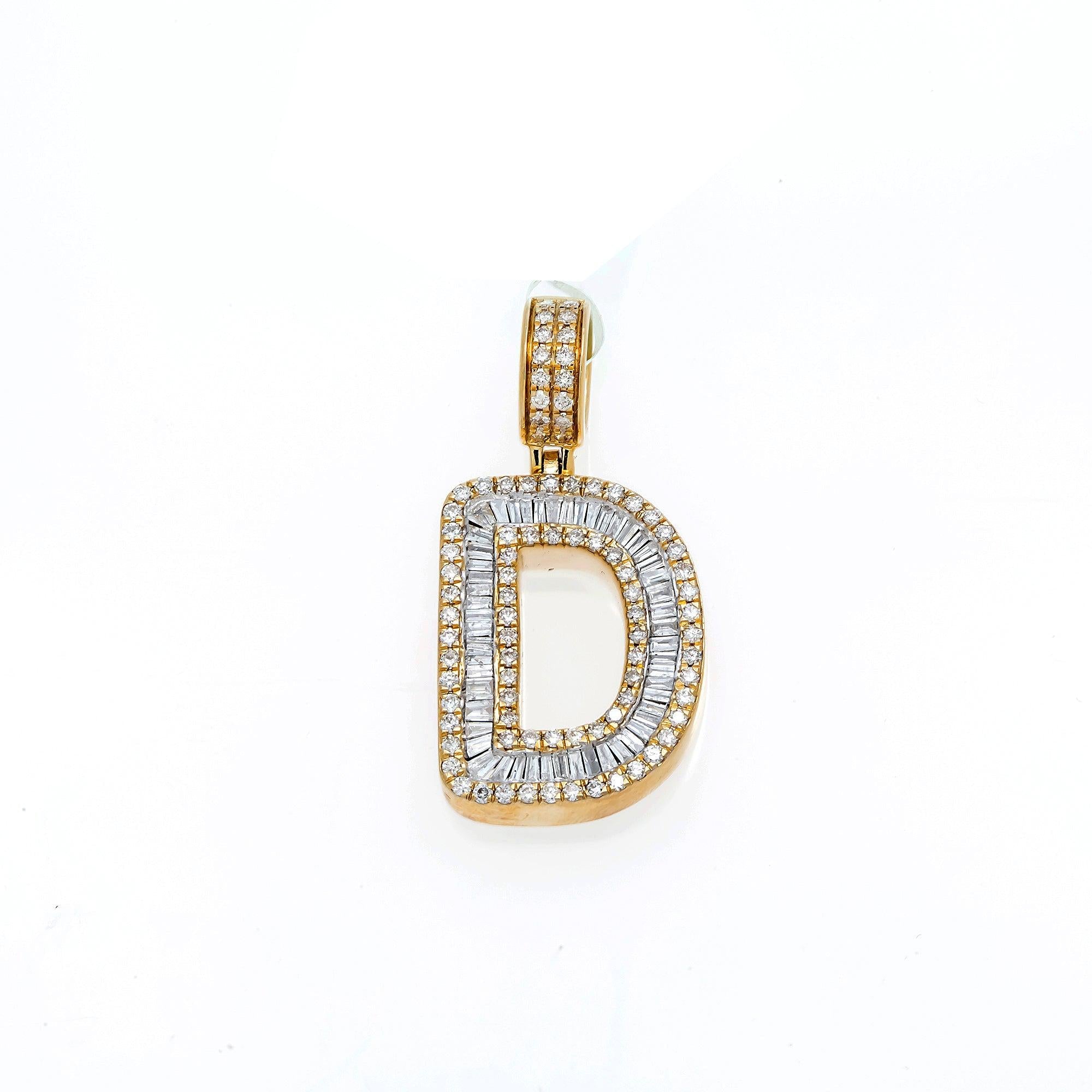 10K GOLD BAGUETTE AND ROUND DIAMOND INITIAL D PENDANT 1.50 CT