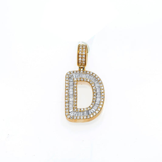10K GOLD BAGUETTE AND ROUND DIAMOND INITIAL D PENDANT 1.50 CT