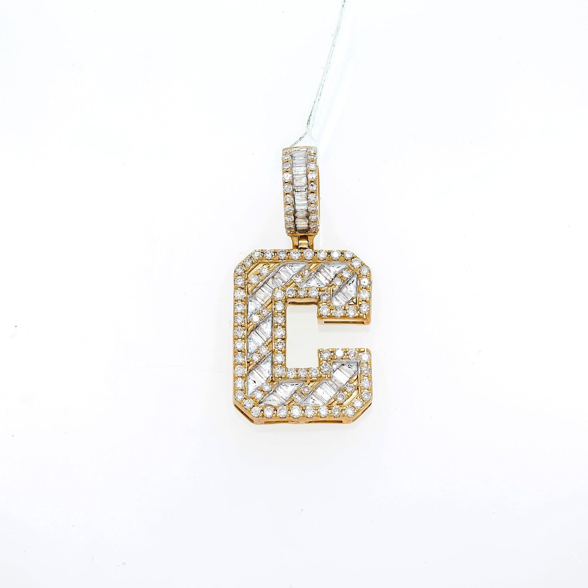 10K GOLD BAGUETTE AND ROUND DIAMOND INITIAL C PENDANT 1.50 CT