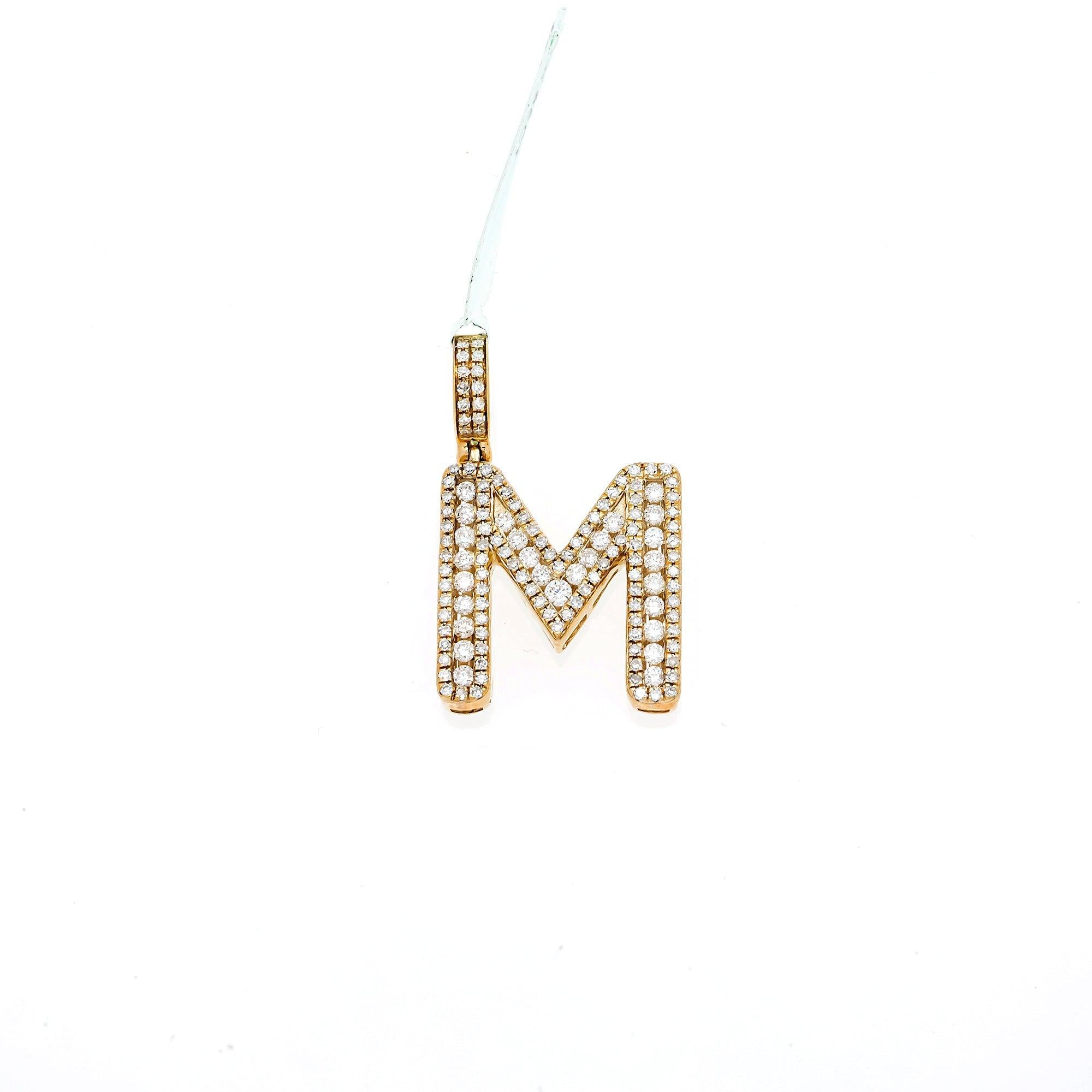 10K GOLD BAGUETTE AND ROUND DIAMOND INITIAL M PENDANT 1.50 CT