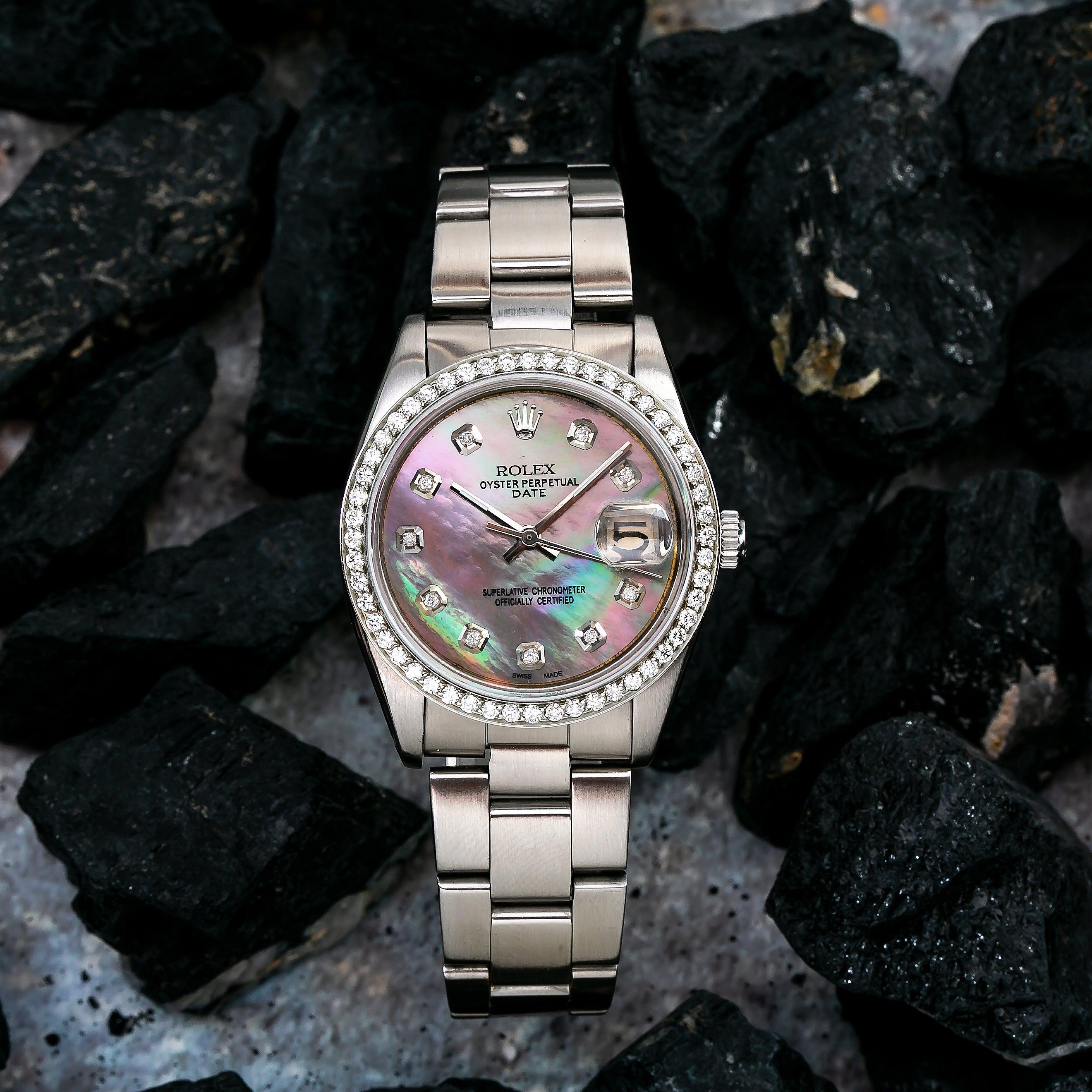 Rolex Oyster Perpetual Date 1500 34MM Purple And Green Diamond Dial With Oyster Bracelet