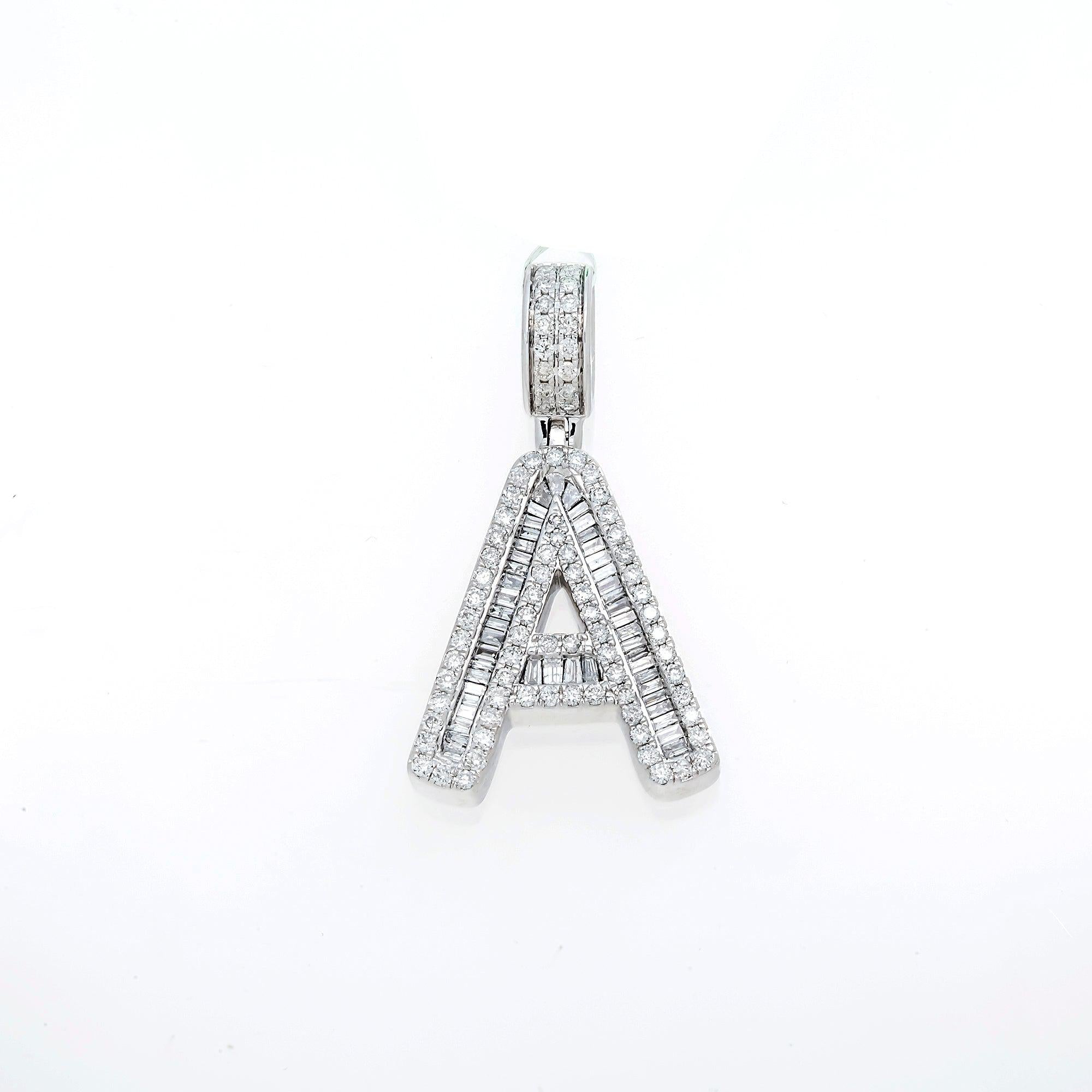 10K GOLD BAGUETTE AND ROUND DIAMOND INITIAL A PENDANT 1.50 CT