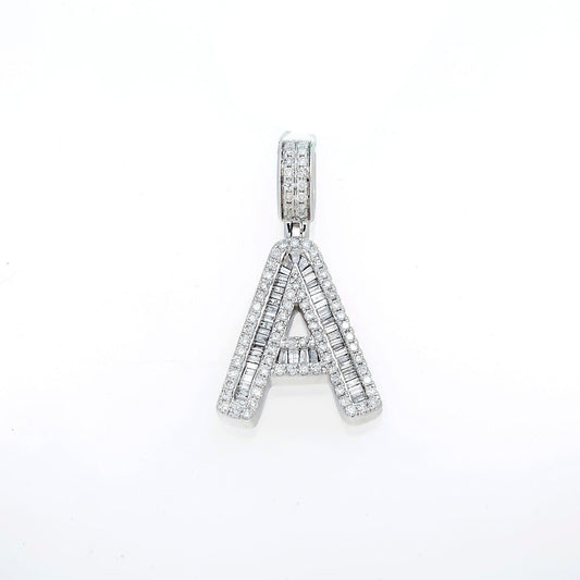 10K GOLD BAGUETTE AND ROUND DIAMOND INITIAL A PENDANT 1.50 CT