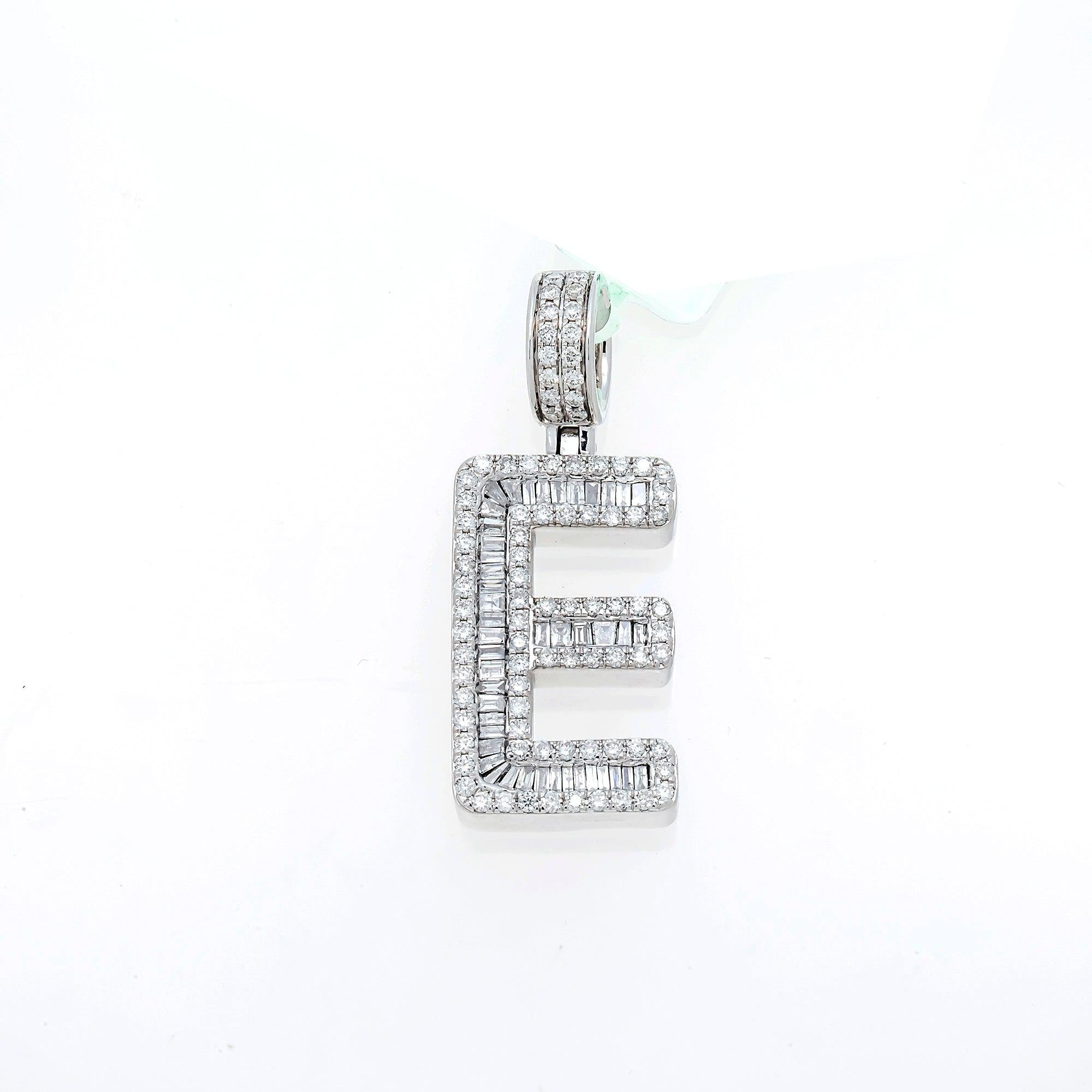 10K GOLD BAGUETTE AND ROUND DIAMOND INITIAL E PENDANT 1.50 CT