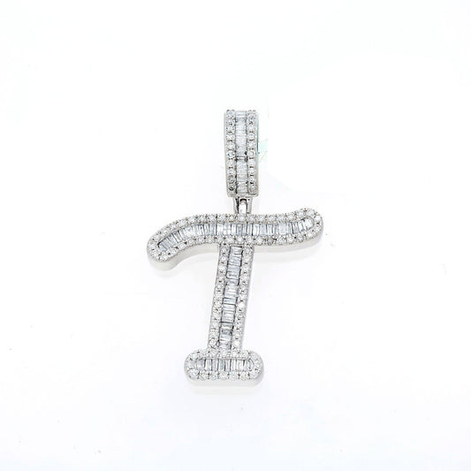 10K GOLD BAGUETTE AND ROUND DIAMOND INITIAL T PENDANT 0.50 CT