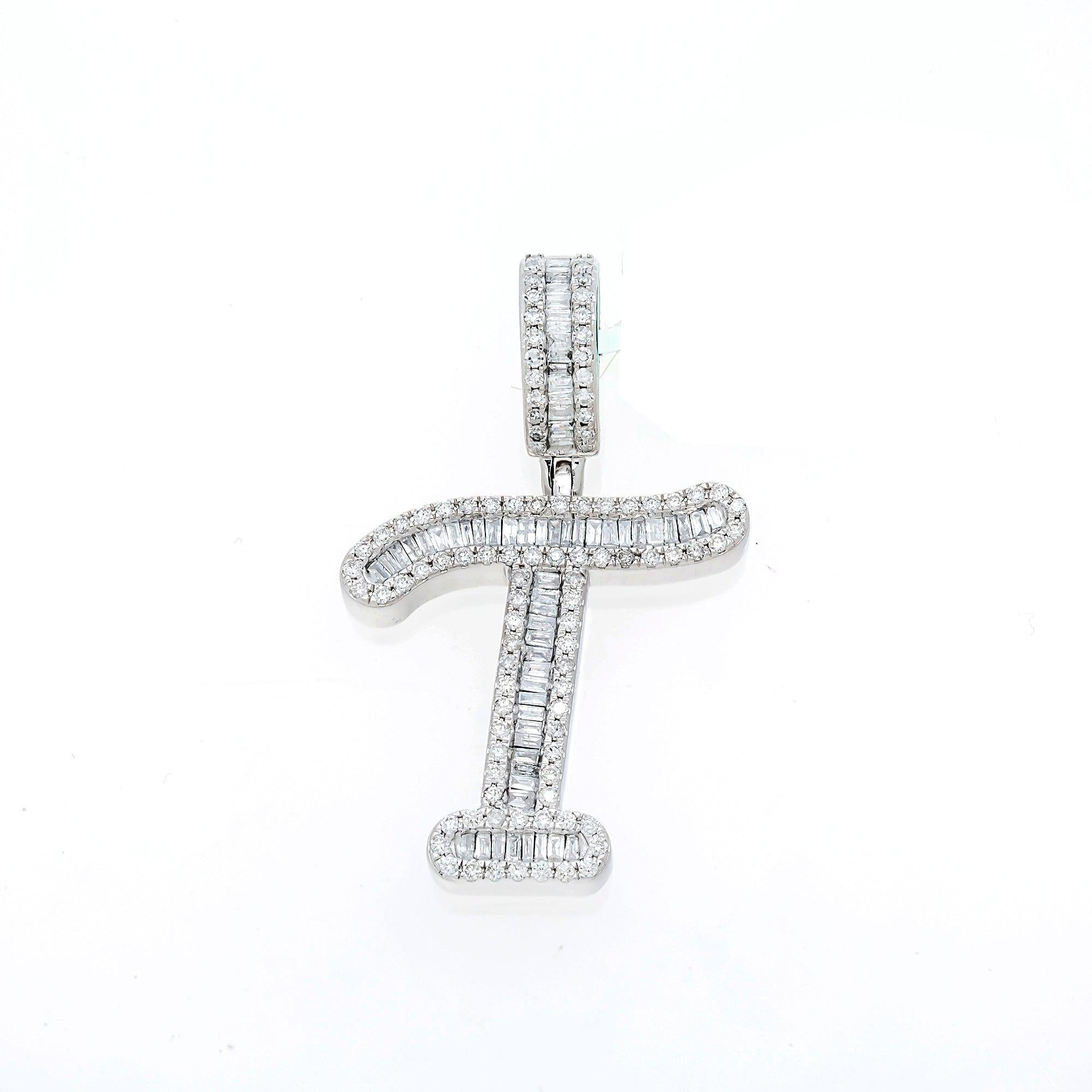10K GOLD BAGUETTE AND ROUND DIAMOND INITIAL T PENDANT 0.80 CT
