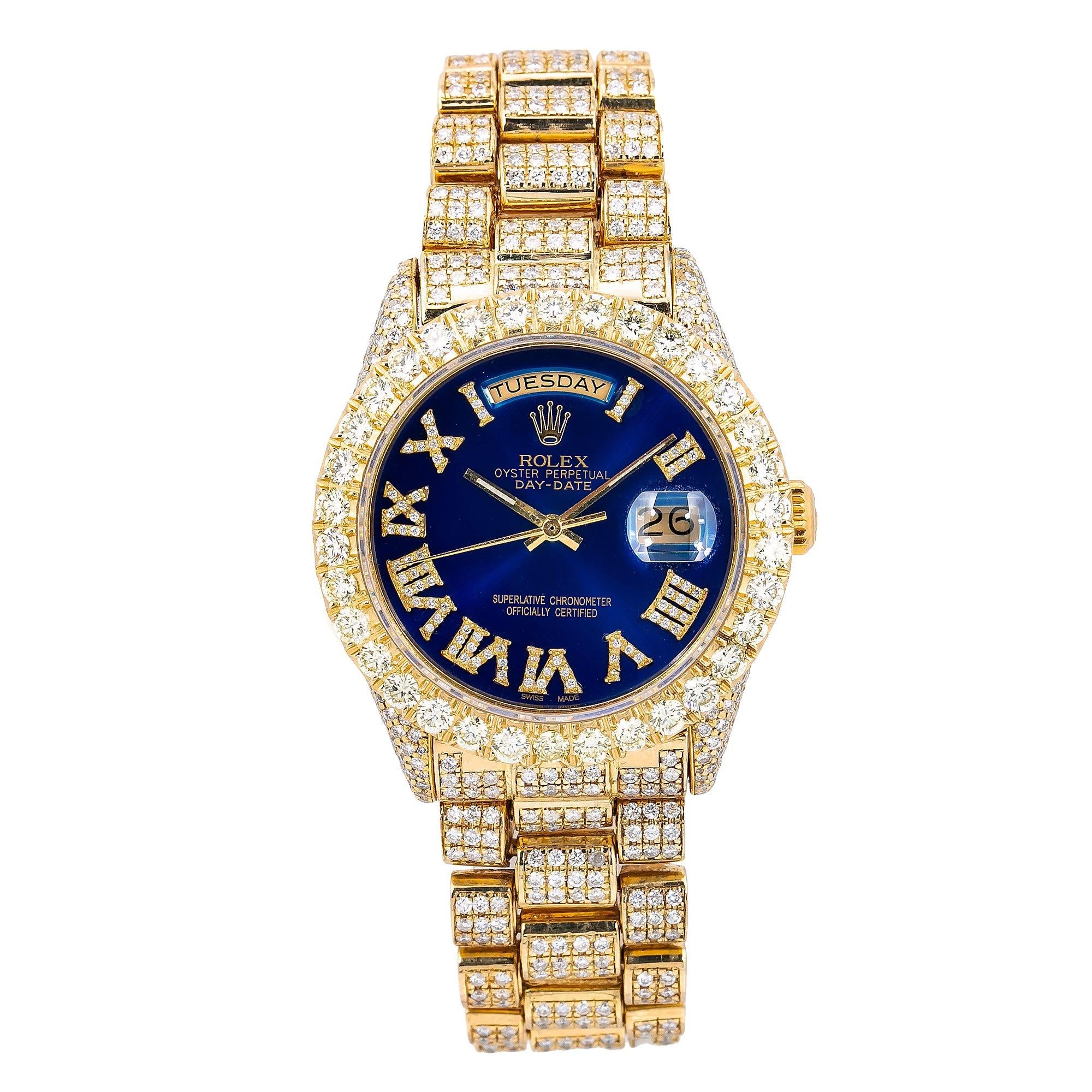 Rolex Day-Date 36MM 18038 Blue Roman Dial Diamond Bezel 18K Yellow Gold Full Diamond President Bracelet 15.75ct