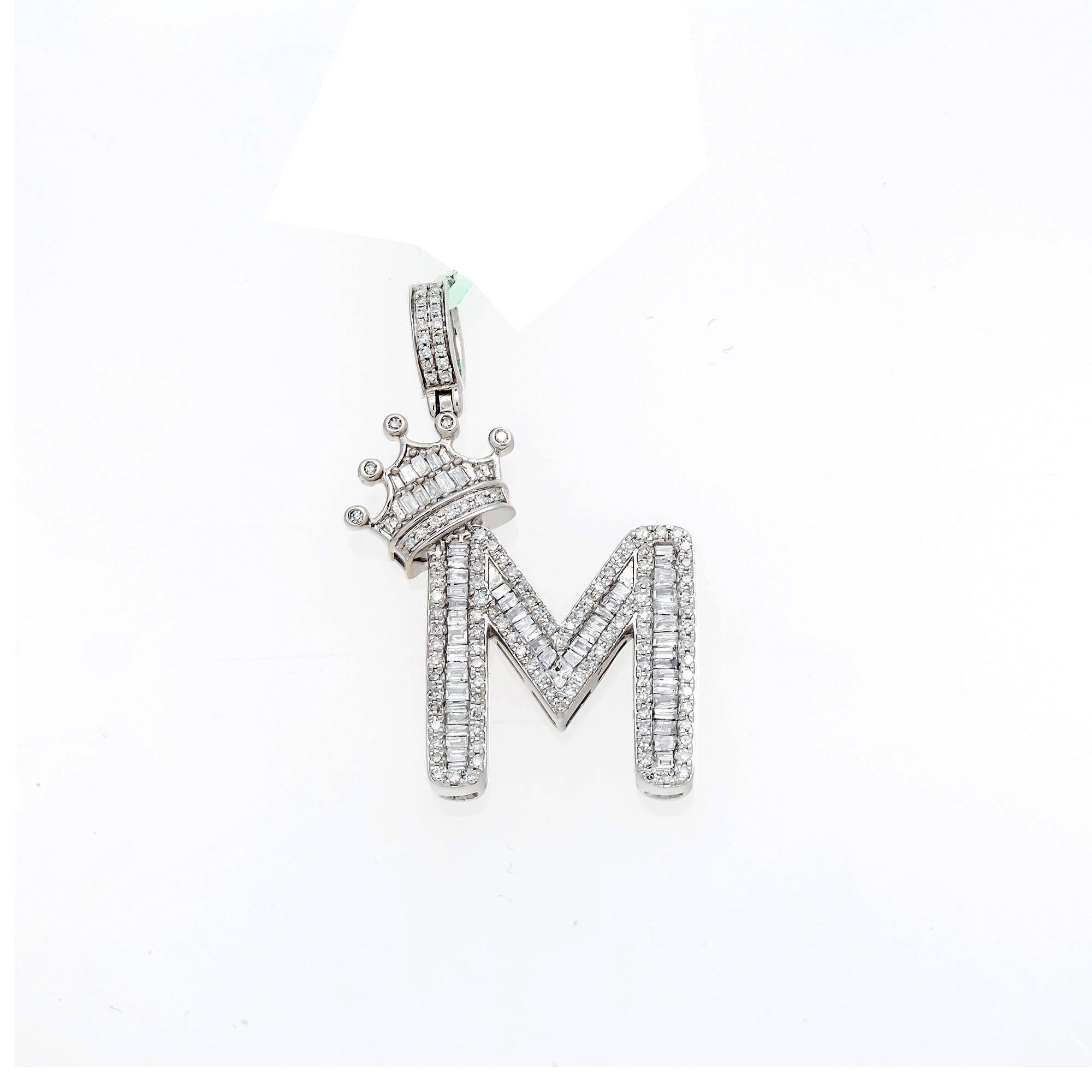 10K GOLD BAGUETTE DIAMOND INITIAL M WITH CROWN PENDANT 0.69 CT