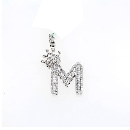 10K GOLD BAGUETTE DIAMOND INITIAL M WITH CROWN PENDANT 0.69 CT